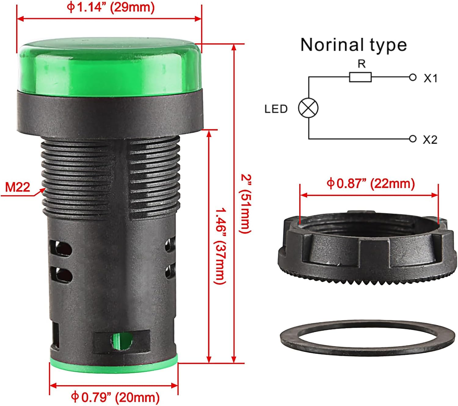 Heschen 22mm LED Indicator Pilot Light AD16-22D/S 24VDC 20mA Green Light Colour 5Pack