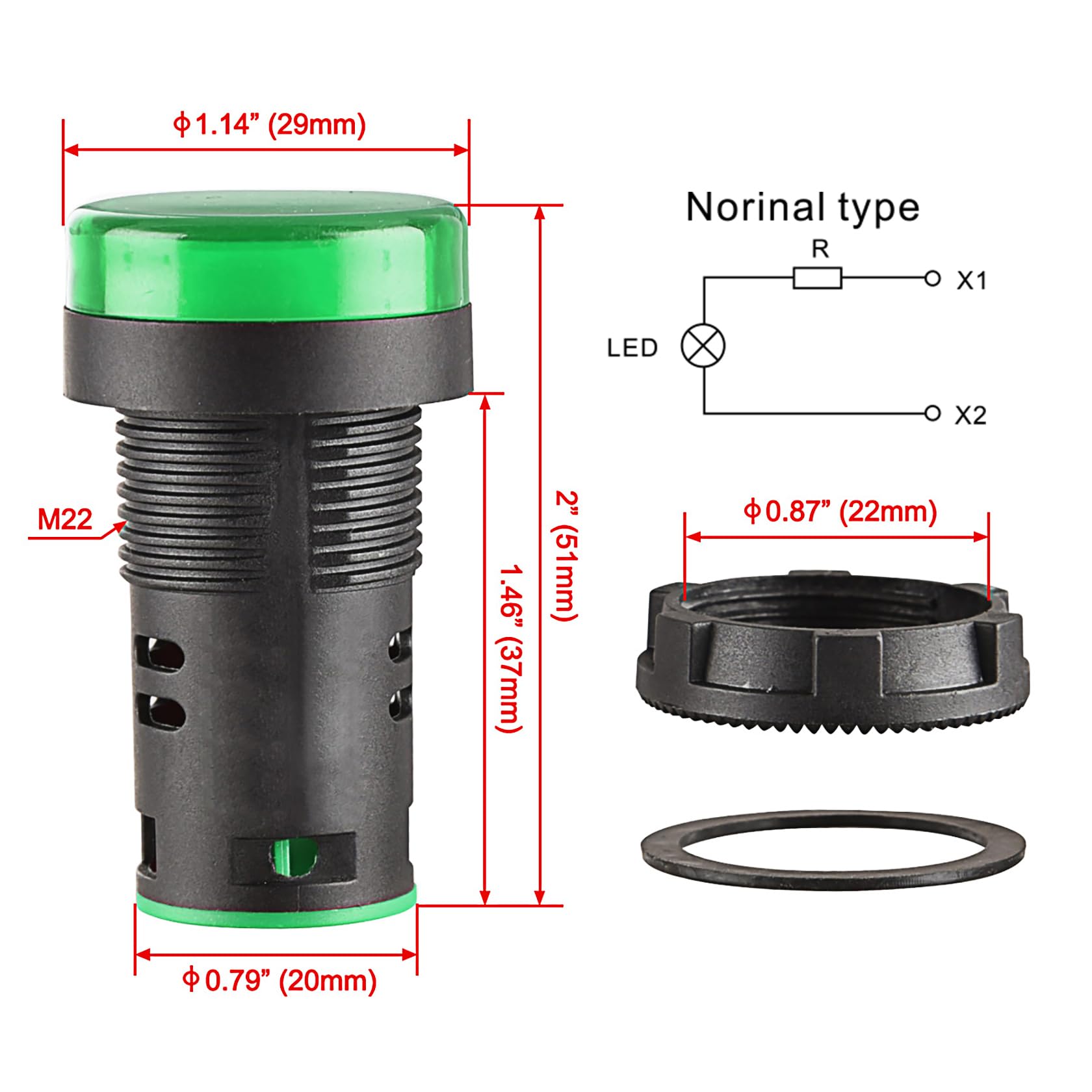 Indicator LED Heschen 22mm Verde - 12VDC, 20mA, IP65, Confezione Da 5 Pezzi - Foto 3