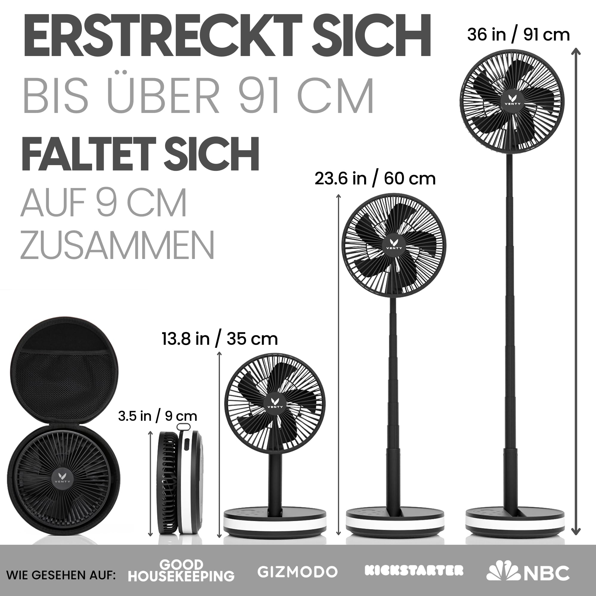 VENTY Tragbarer Ventilator - Faltbarer Ventilator Akku mit Transporttasche, Ladeanschluss und USB-Anschluss - 4 Geschwindigkeiten, Kompakt, Verstellbar - Mit LED Licht und Fernbedienung - Portable Fan