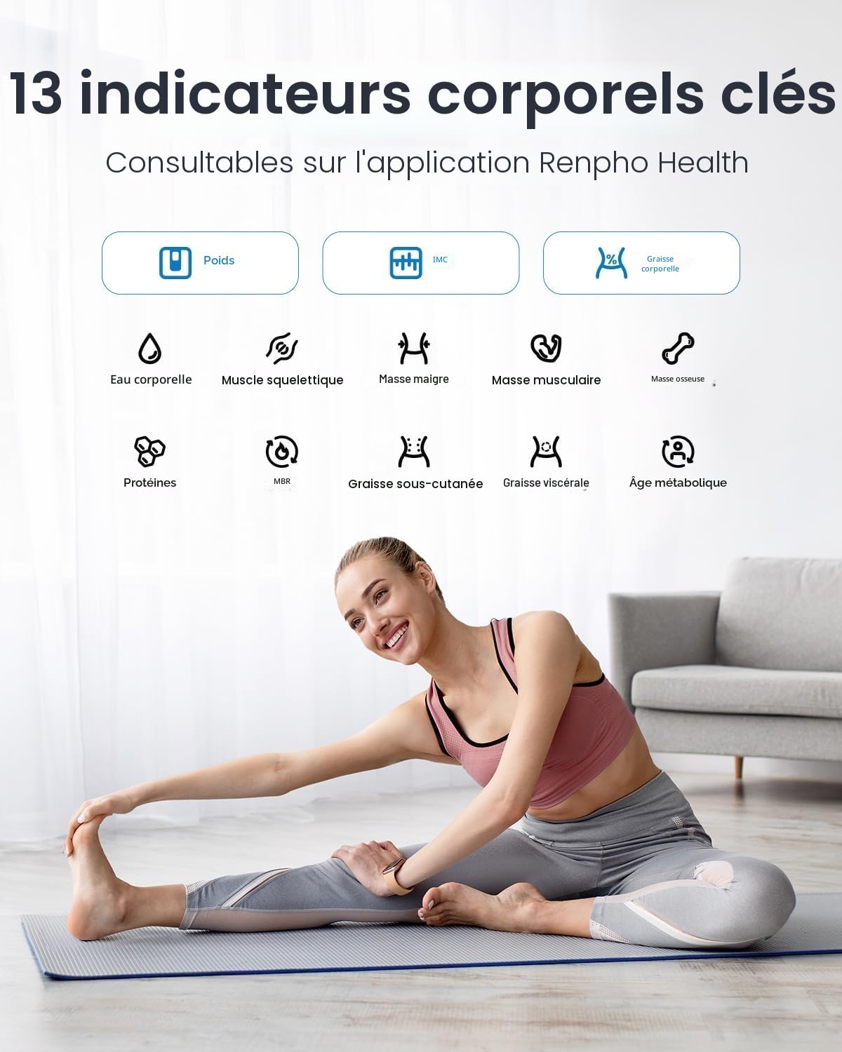 RENPHO Balance Pese Personne, Rappel de Pesée facile, Pese Personnes intelligent Bluetooth, Couleurs de Balance Personnalisables, Balance Connectée Rechargeable, Revêtement ITO, 13 Moniteurs de Santé