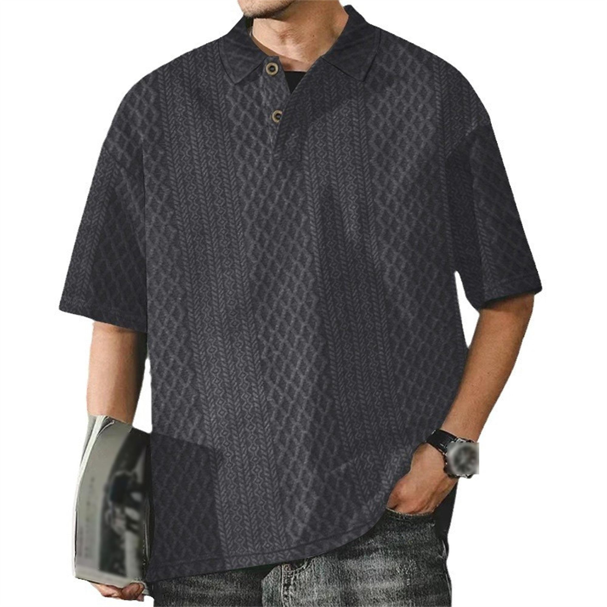 Men Jacquard Knitted Loose Shirts Casual Lapel Quarter Button T-Shirt Summer Cozy Workplace Pullover Tops (Dark Blue,Small)