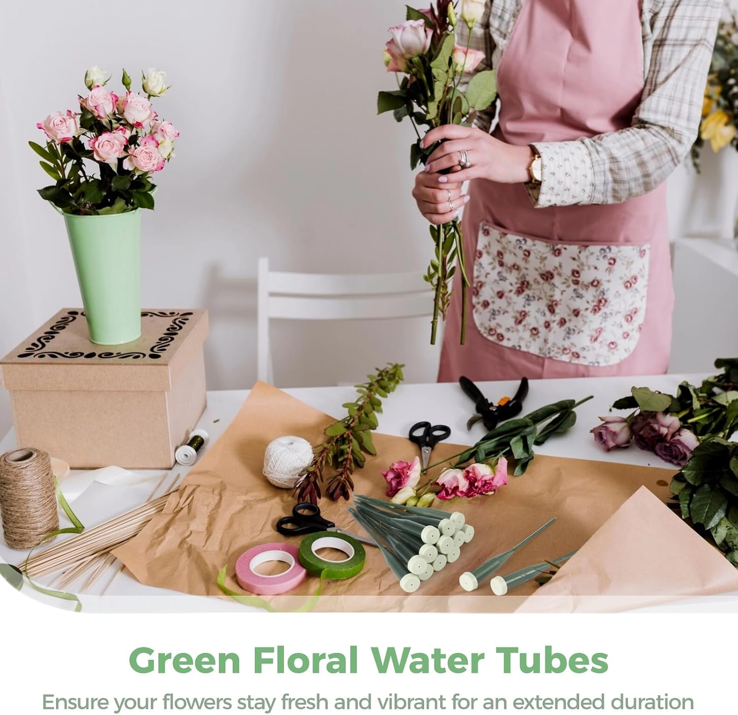 100 Pcs Floral Water Tubes, 6 Inch Green Floral Tubes with Rubber Caps, Plastic Fresh Flower Water Tubes Flower Arrangements Supplies for Bouquet Stem Supplies