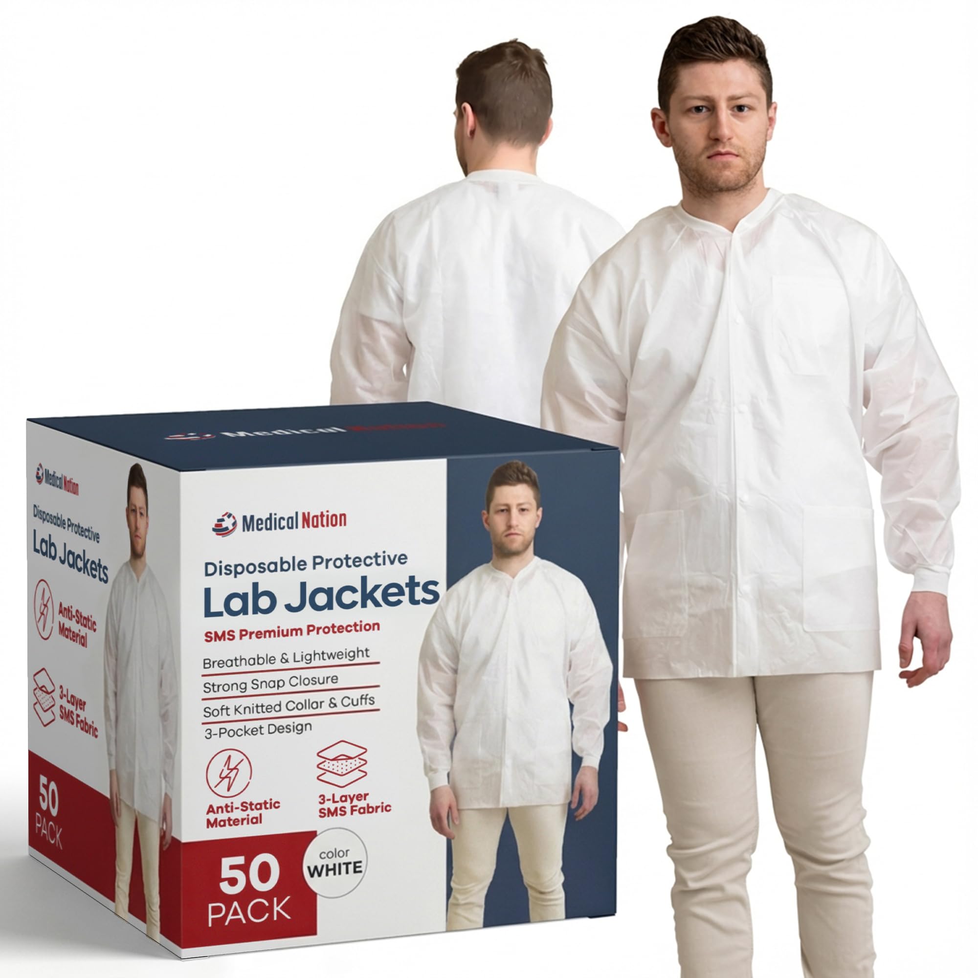 Medical Nation Disposable Lab Jackets |10 Pack - 50 Pack| Lab Coats for Adults with 3 Pockets, Hip Length (Size Small - 5XL)