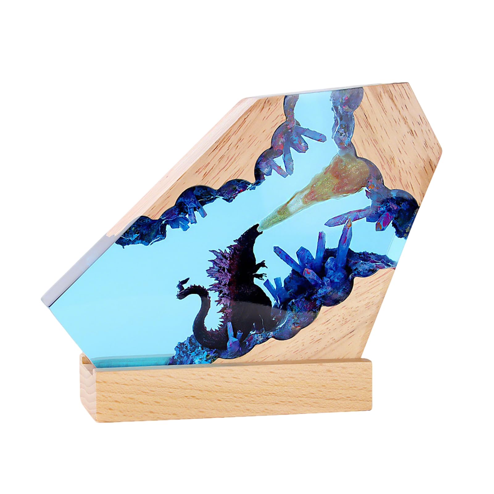 Fhlprte Epoxy Resin Godzilla Night Light, Resin Ocean Animal Figures Night Light Ornaments, Godzilla Cube Decoration, with Wooden Base, USB Cable, Marine Statue Decoration, for Living Room, Bedroom