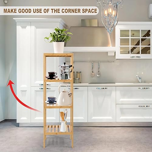Miniatura 6 de SIMEFUL 4-Tier Narrow Bathroom Shelf, Bamboo Corner Rack Book Shelving Unit, Plant Stand Wood Shelf, Multifunctional Storage Rack for Living Room,