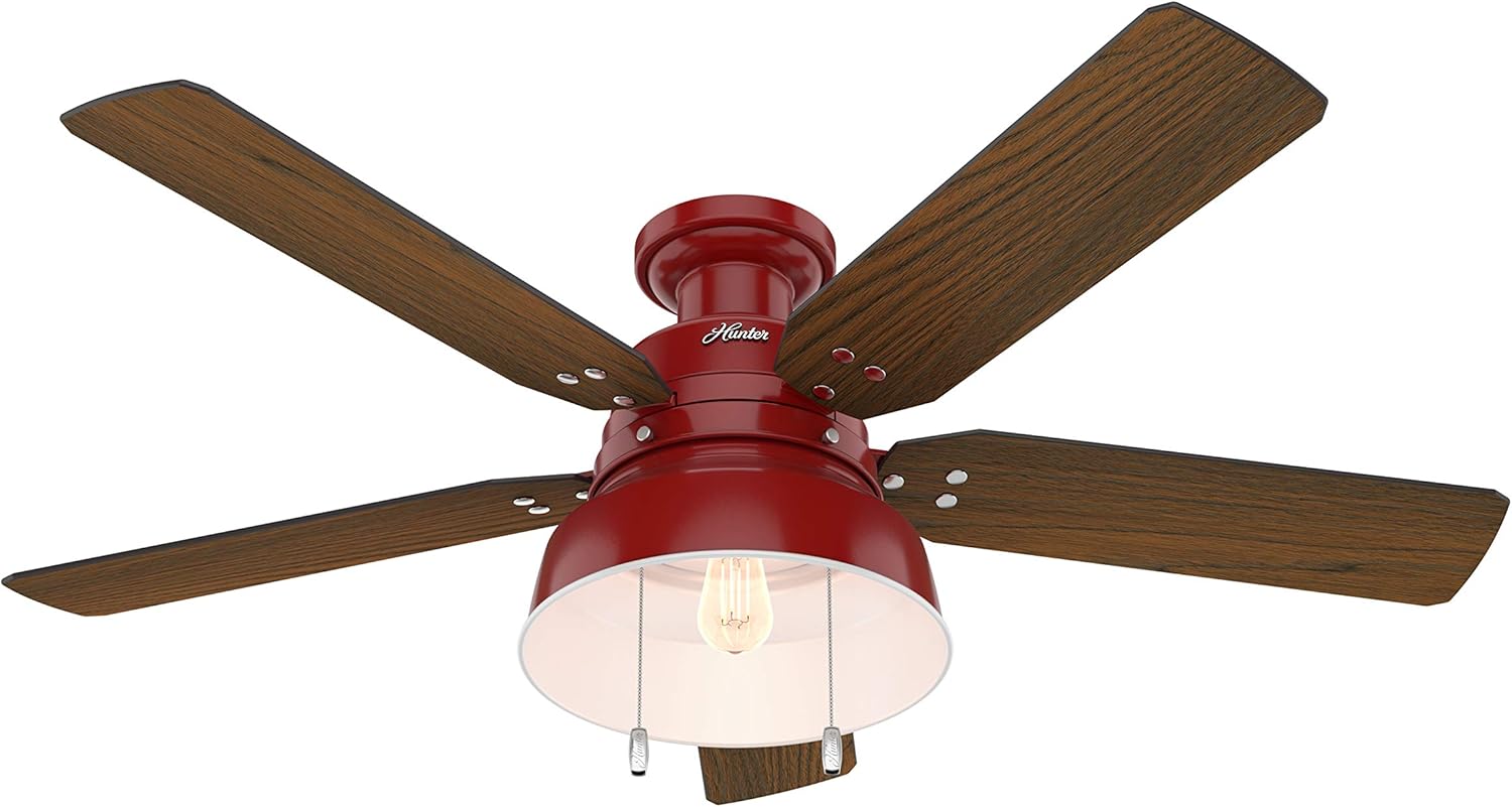 Hunter Fan 52 inch Low Profile Barn Red Indoor/Outdoor Ceiling Fan with Light Kit (Renewed)