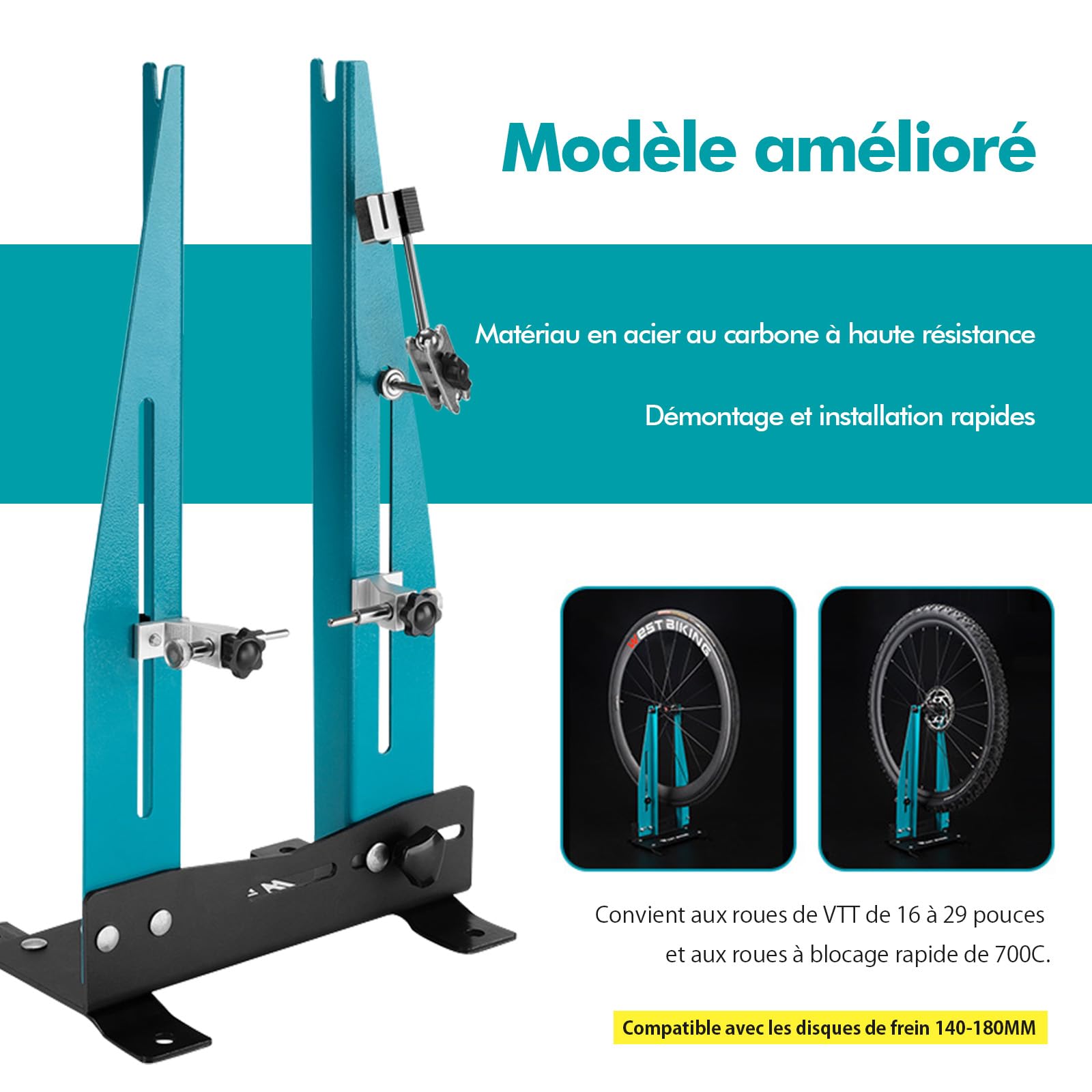 Mimoke Support de centrage pour vélo pour roues de 16 à 29" avec tige pour axe continu. Convient pour l'alignement des jantes et la largeur des roues de 90 à 150 mm