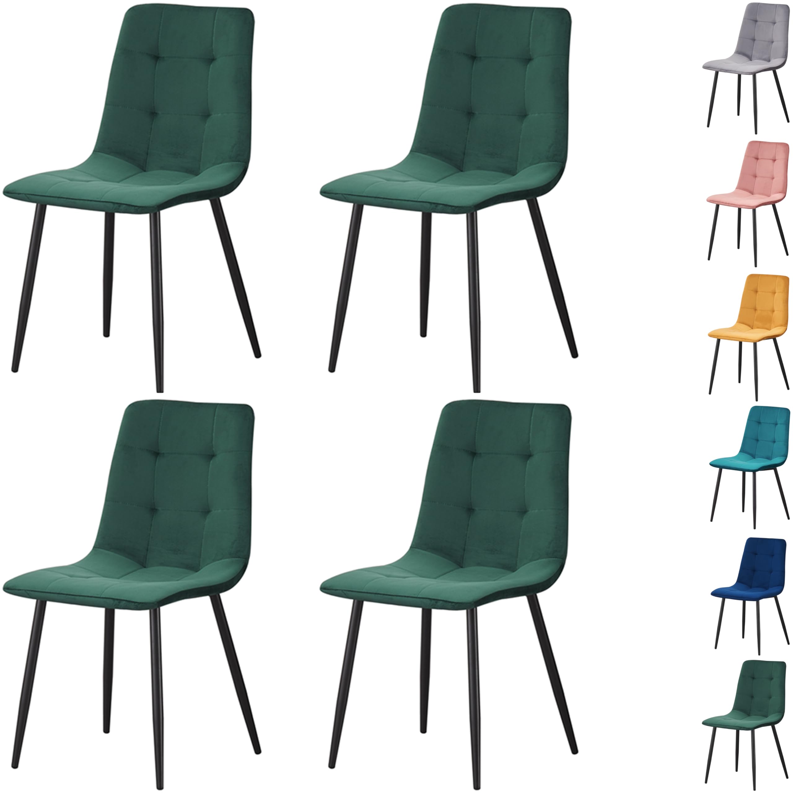 MOF Home Modern Velvet Dining Chairs, Set of 4, Velvet Tufted Upholstered Kitchen Chairs with Metal Legs, Multi-Color (CHECK PATTERN, GREEN)