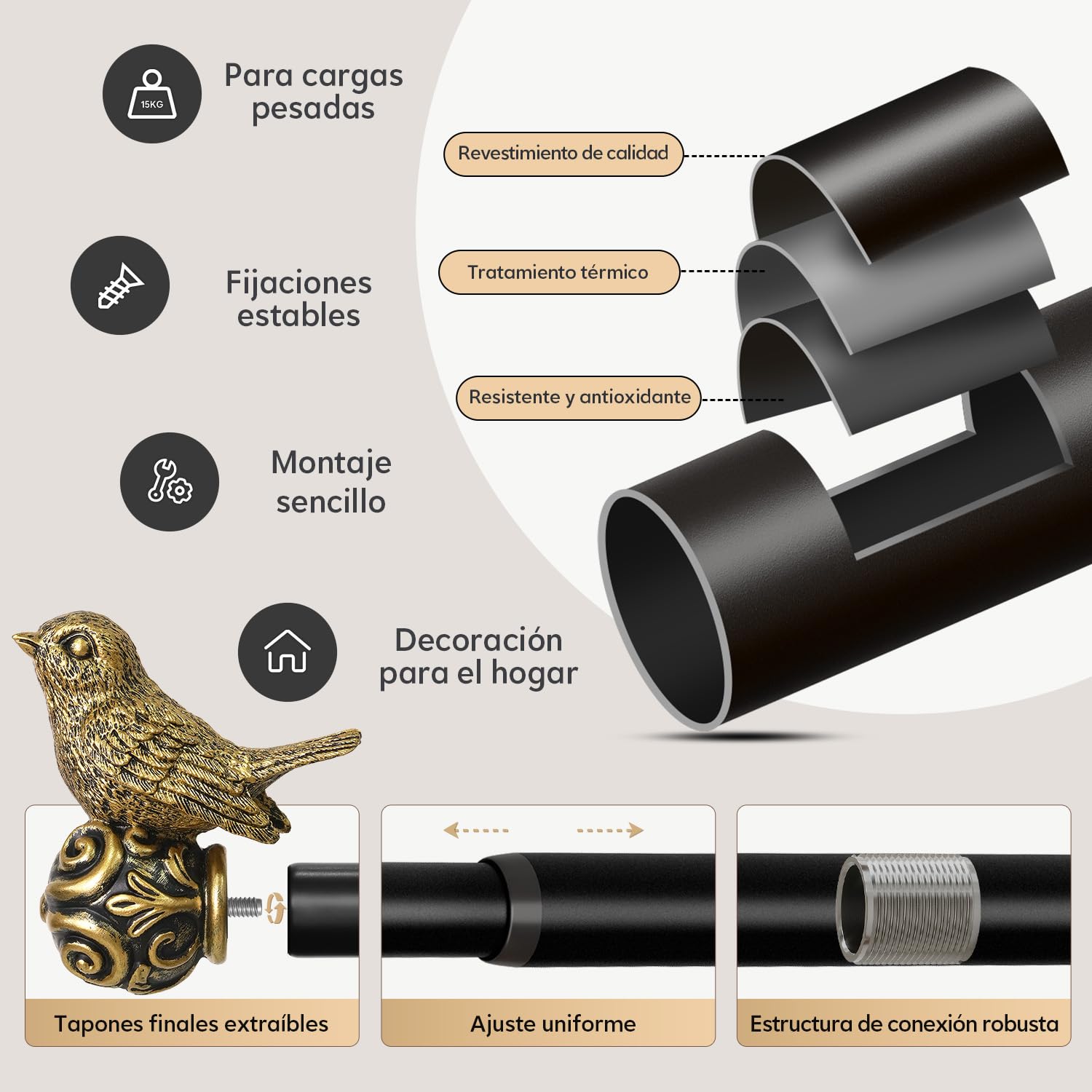 Tringle à Rideau Noir 80-365cm,Embouts Décoratifs En Forme D'Oiseau | DiamèTre 25mm,Extensible MéTal Renforcé,Fixation Murale,Avec Supports,Adapté Pour IntéRieure,Salon,Chambre Et FenêTres.