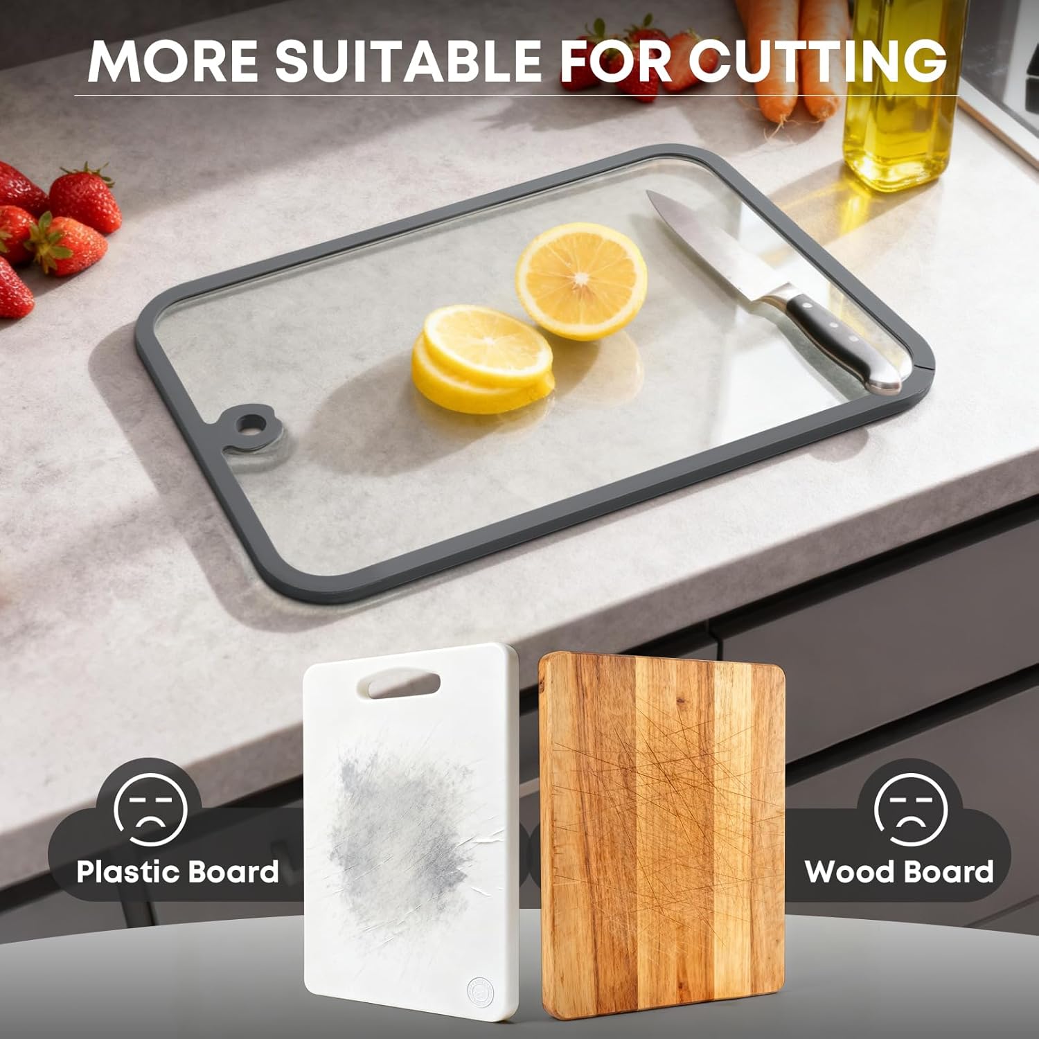 Dishwasher Safe Tempered Glass Cutting Boards for Kitchen Counter, PTYTIFY 3pcs Clear Cutting Board for Countertop with Hanging Hole, Heat Resistant, Non Toxic, Scratch Resistant (Gray)