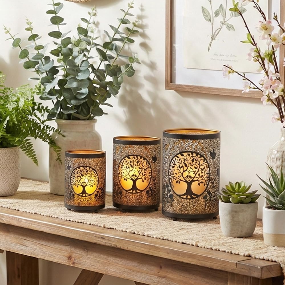 TRIROCKS Lampion na świecę z drzewem życia, 13 cm, 16 cm, 19 cm, grawerowany metal, brąz, dekoracja do salonu, stołu, na imprezę, patio, wejście, do wewnątrz i na zewnątrz (3 sztuki)