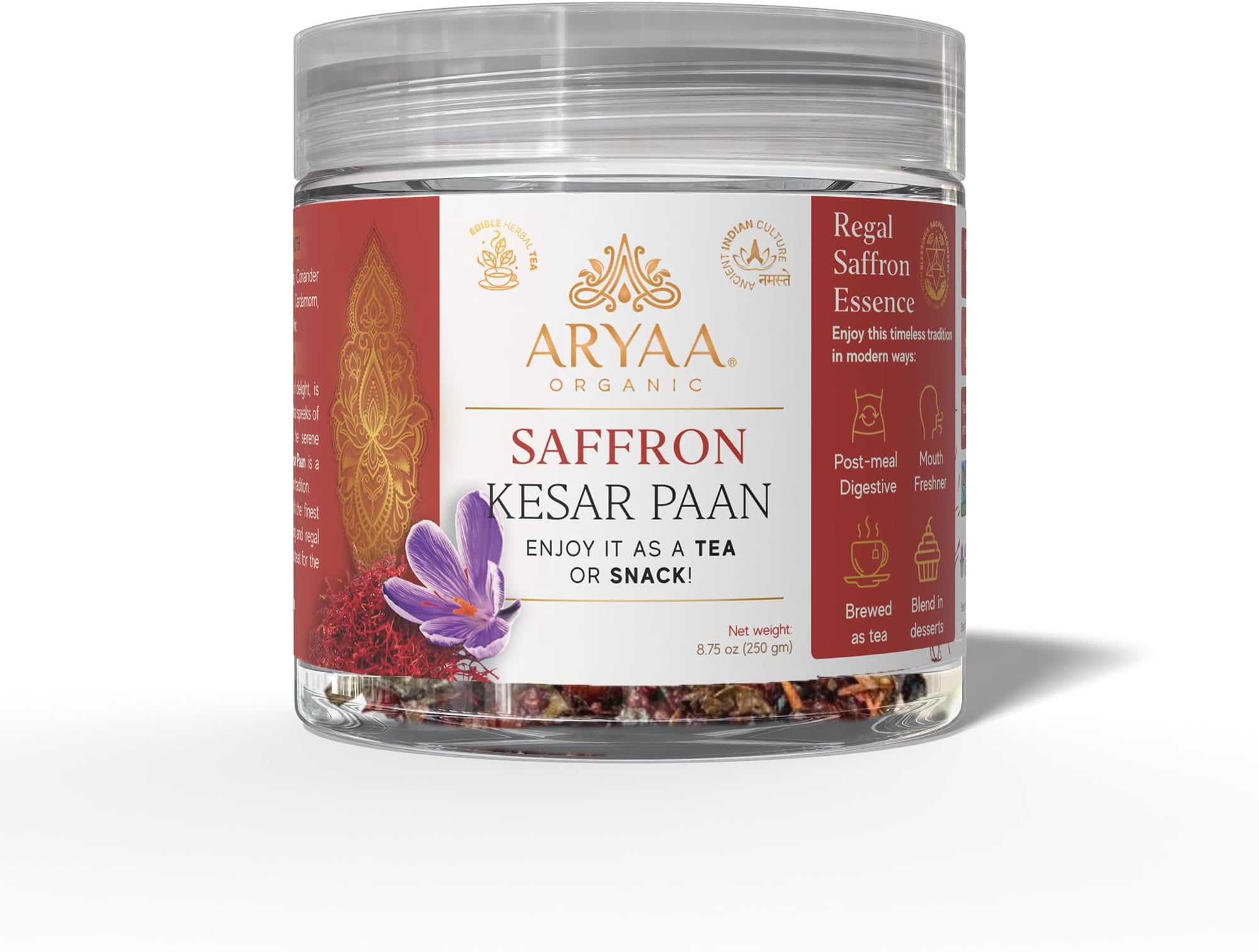 Aryaa Organic Saffron Kesar Paan | 8.75oz (250g) | Ayurvedic Digestive, Mouth Freshener & Herbal Tea | Vegan, Gluten-Free, Non-GMO