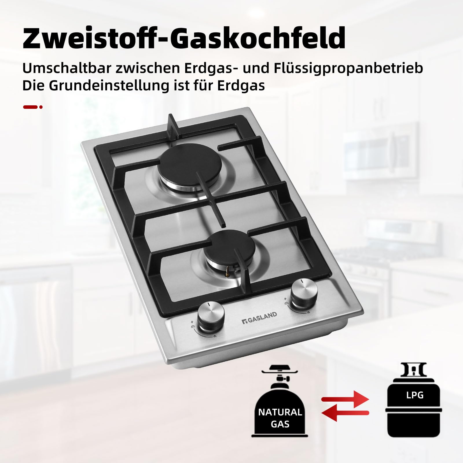 GASLAND GH30SF Gaskochfeld Einbau Edelstahl 2 Flammig 30 cm 4200 Watt LPG/Erdgas
