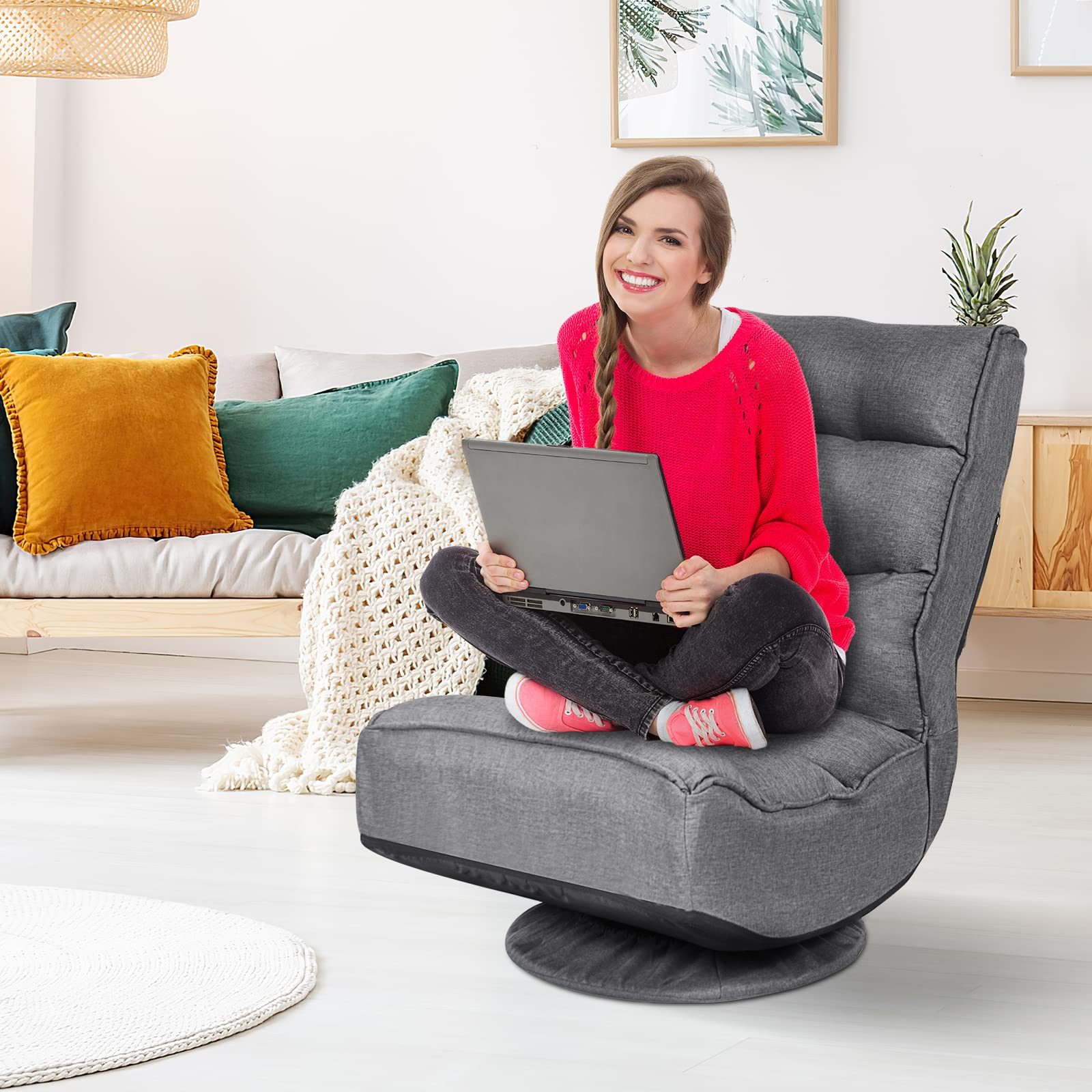 GOPLUS Sillón de Suelo Giratoria 360°, Sofá de Una Plaza Plegable con Respaldo Ajustable, Silla de Juegos, meditación, Soporta hasta 120 kg, para Casa y Oficina (Gris)