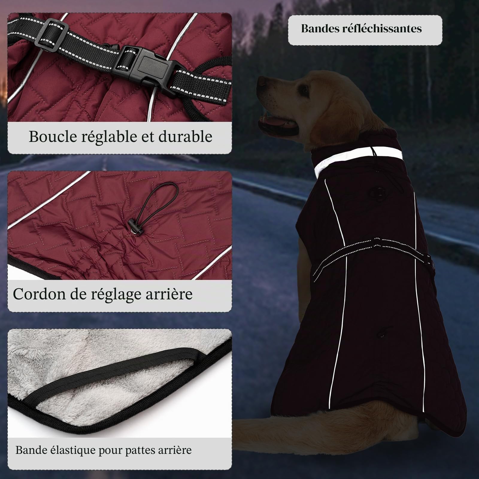 Manteau Chien Imperméable avec Harnais Manteaux Imperméables pour Chiens Doudoune Doublé Polaire Manteau Chien Hiver Réfléchissante Ajustable Veste pour Chiens de Petite Moyen et Grande Taille