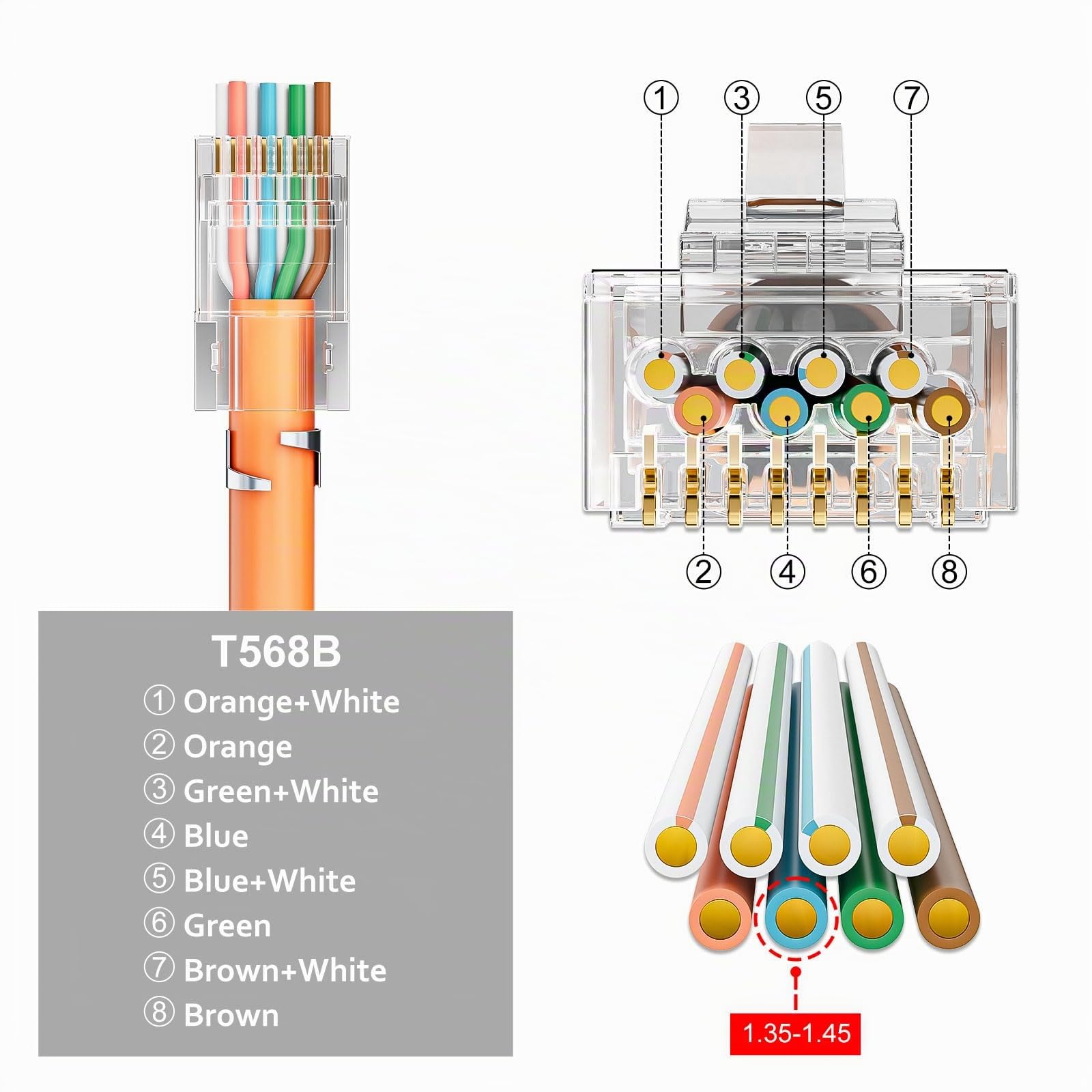 FGB Lot de 100 connecteurs RJ45 CAT 7 CAT 6A 10 Gbps - Connecteurs réseau Pass-Through et blindés - Plaqué or 50 μ - Fiche LAN pour câble de pose AWG23 POE