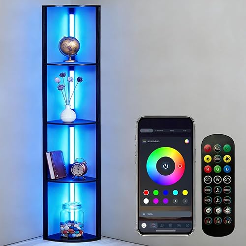Miniatura 18 de Lámpara de pie LED con estantes, lámpara de estante con control remoto para dormitorio y sala de estar, lámparas de pie de exhibición de esquina con