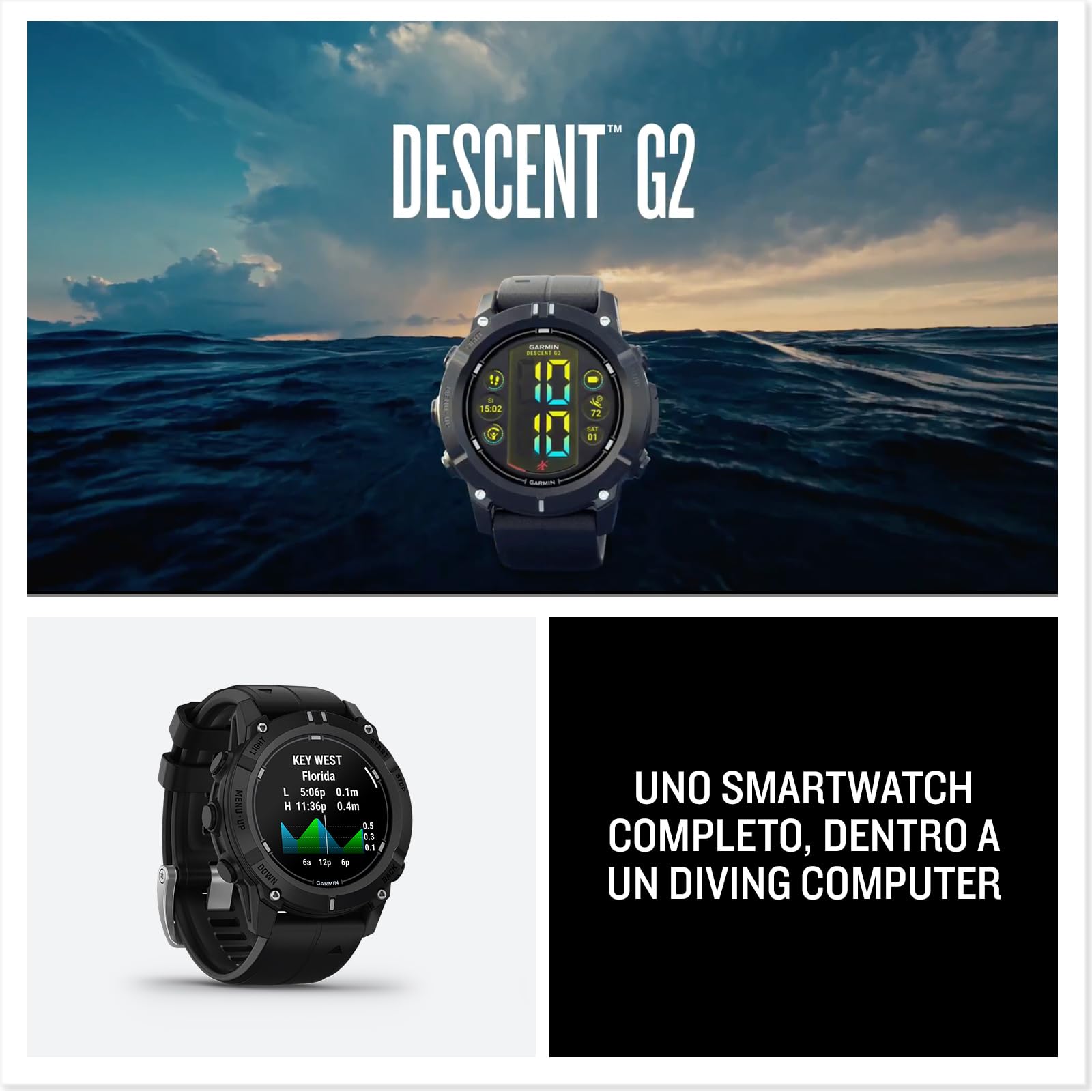 Garmin Descent G2, GPS Smartwatch, Diving, Display Amoled 1,2", Diverse Modalità di Immersione Supportate, Dati sulle Maree, Autonomia fino a 10 giorni, Black