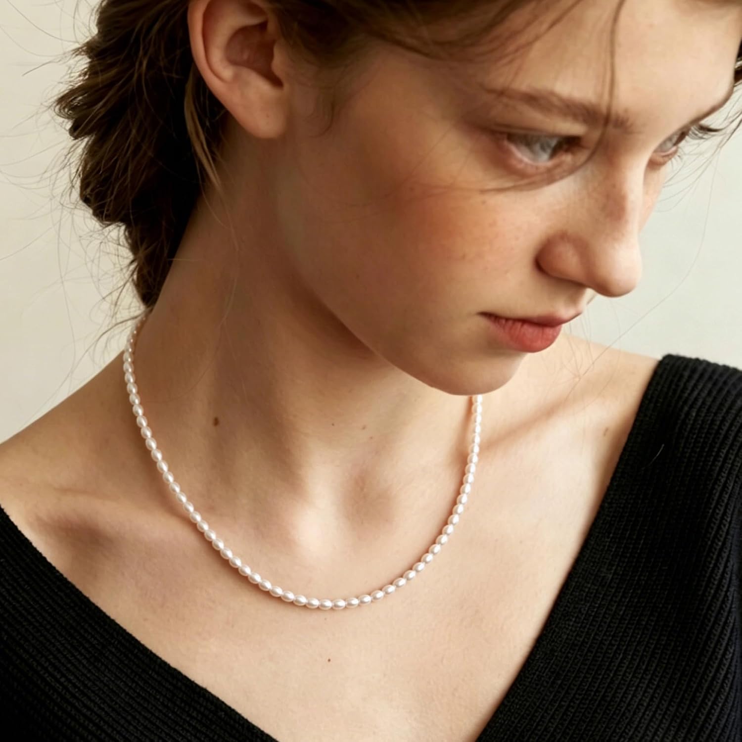Pearl Necklace,18K Gold Plated Rice Freshwater Pearl Choker for Women,3-4mm | Tiny Small Rice Pearls Necklace Choker Chain Jewelry for Bridesmaid Wedding Christmas Valentine's Day Birthday Gifts