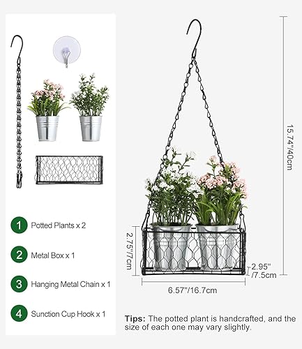 Miniatura 3 de Lewondr 2 plantas artificiales en maceta, pequeñas plantas falsas para dormitorio, decoración de pared con caja de metal colgante, plantas