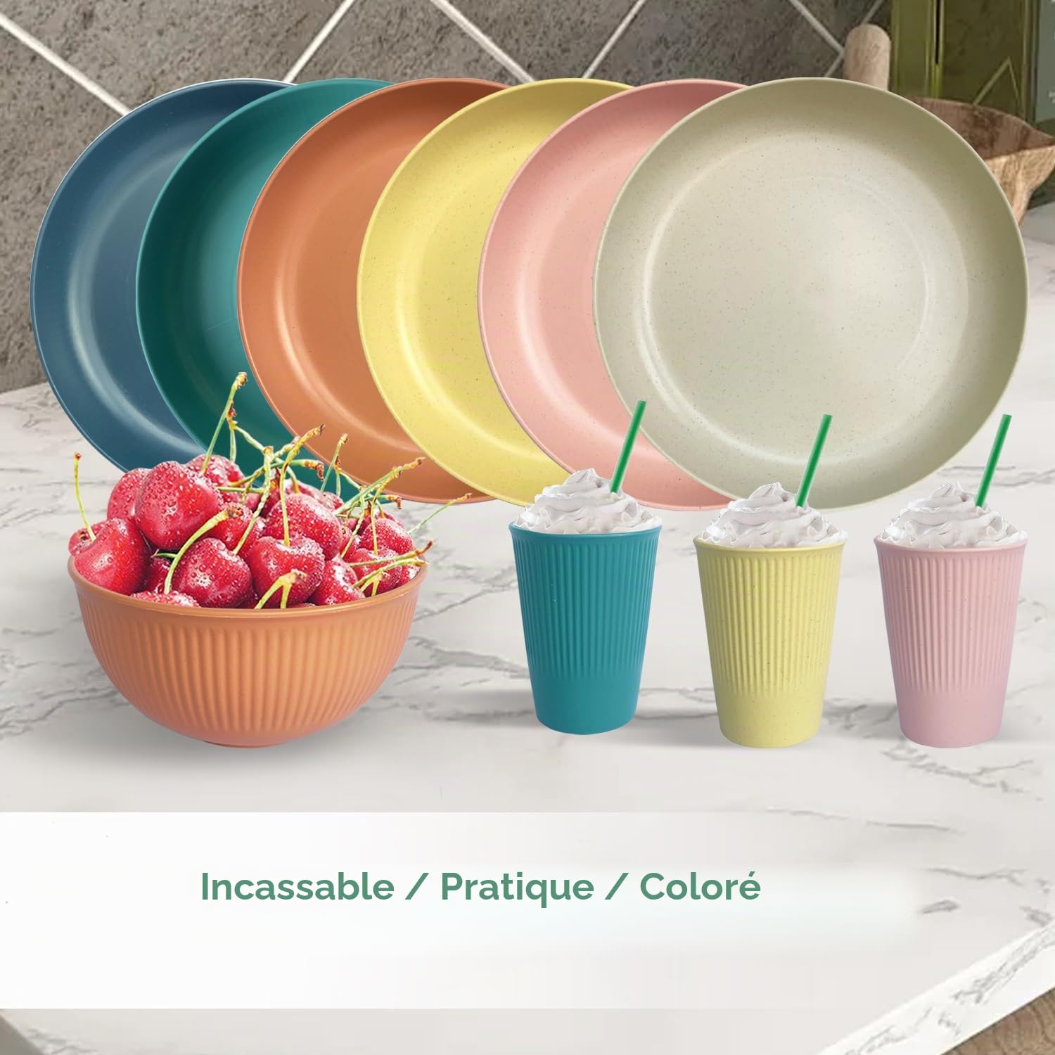 Assiettes de camping incassables pour 6 personnes, ensemble de pique-nique en plastique pour fête, maison et pique-nique, léger, passe au micro-ondes et au lave-vaisselle (couleur)