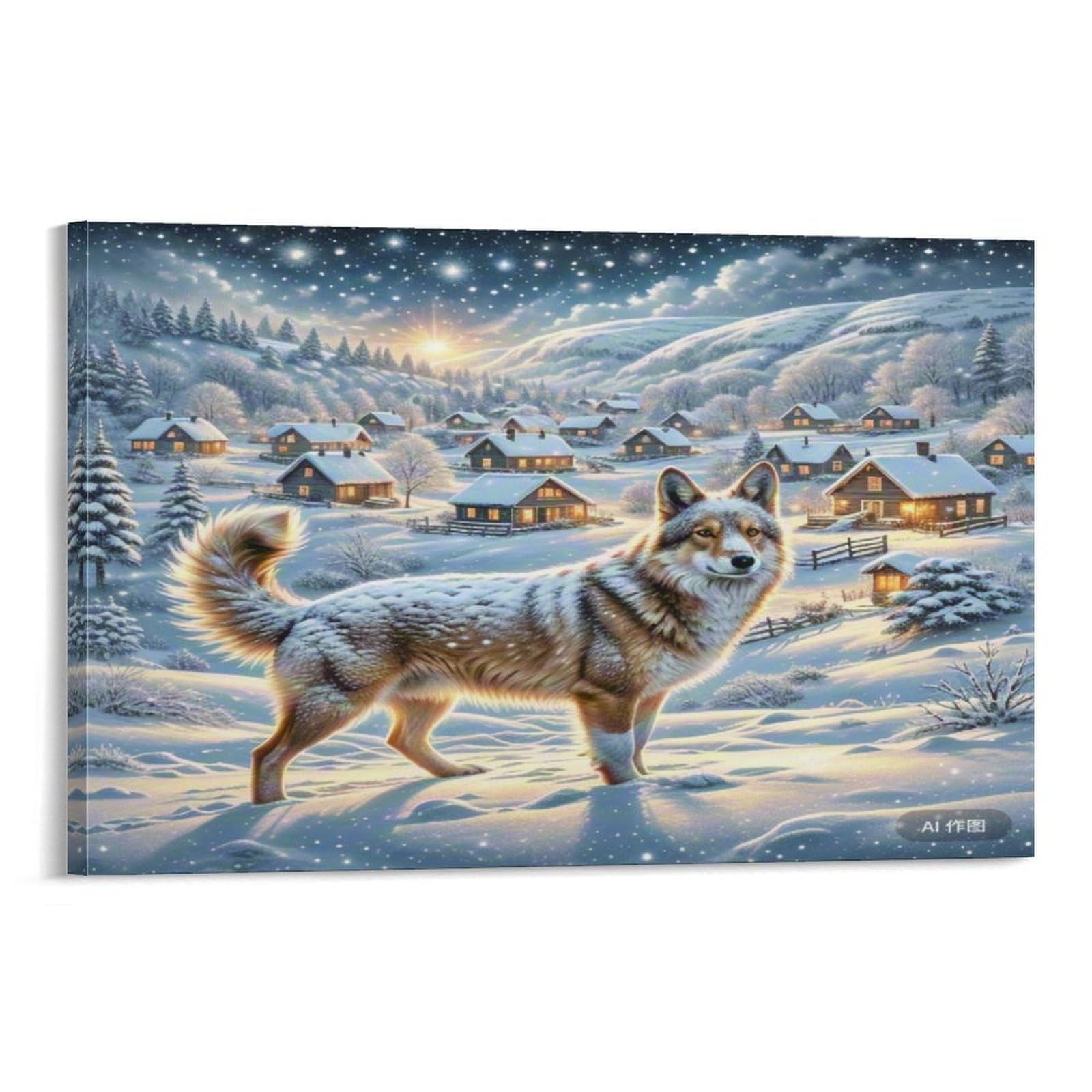 CPLVKWRQJ Snowy Wolf in Winter Village Single Piece Winter Wolf Glowing Snowy Mountain Village Canvas Wall Hanging - Nursery Space Saving Removable Ready to Hang Decor 20x30inch(50x75cm)