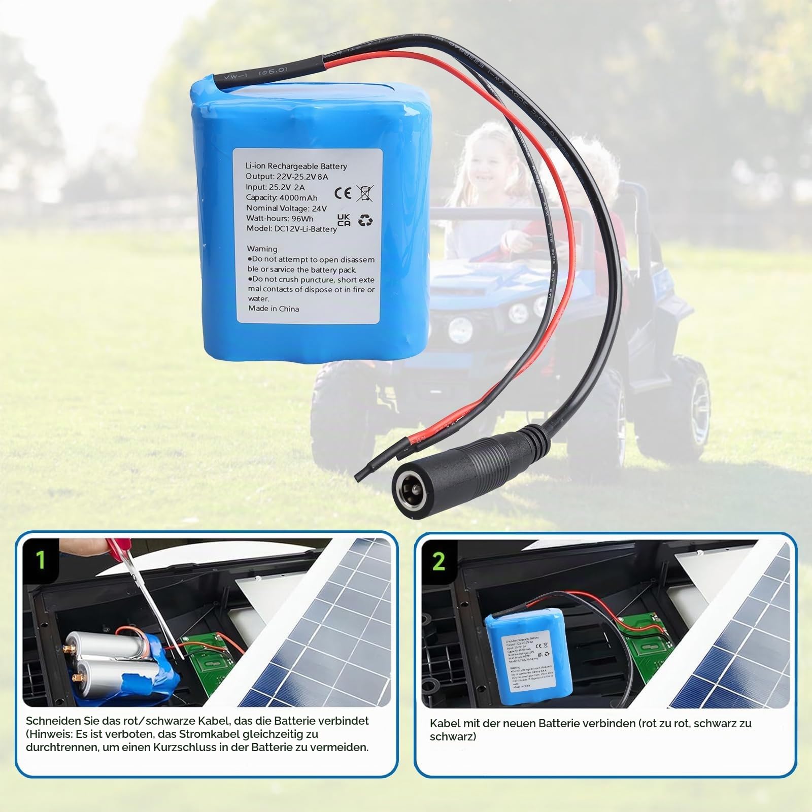 24V 4000mAh Akku mit Ladegerät und Kabelanschluss, geeignet für DIY-Projekte, Solarstraßenlaternen, Überwachungskameras, Lautsprecher, Sprühgeräte, Modelleisenbahnen, Boote und Spielzeugautos