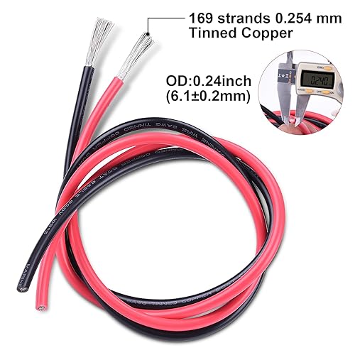 Miniatura 10 de iGreely - Cable eléctrico de cobre estañado de 6 AWG, 10 pies, color negro y rojo de 10 pies, 2 cables trenzados aislados de un solo conductor para