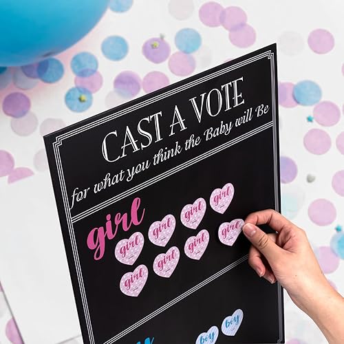 Miniatura 4 de Juego de mesa para revelar el género del bebé con 144 calcomanías de voto para niña o niño, cartel de voto con soporte, diseño de pizarra (12 x 17