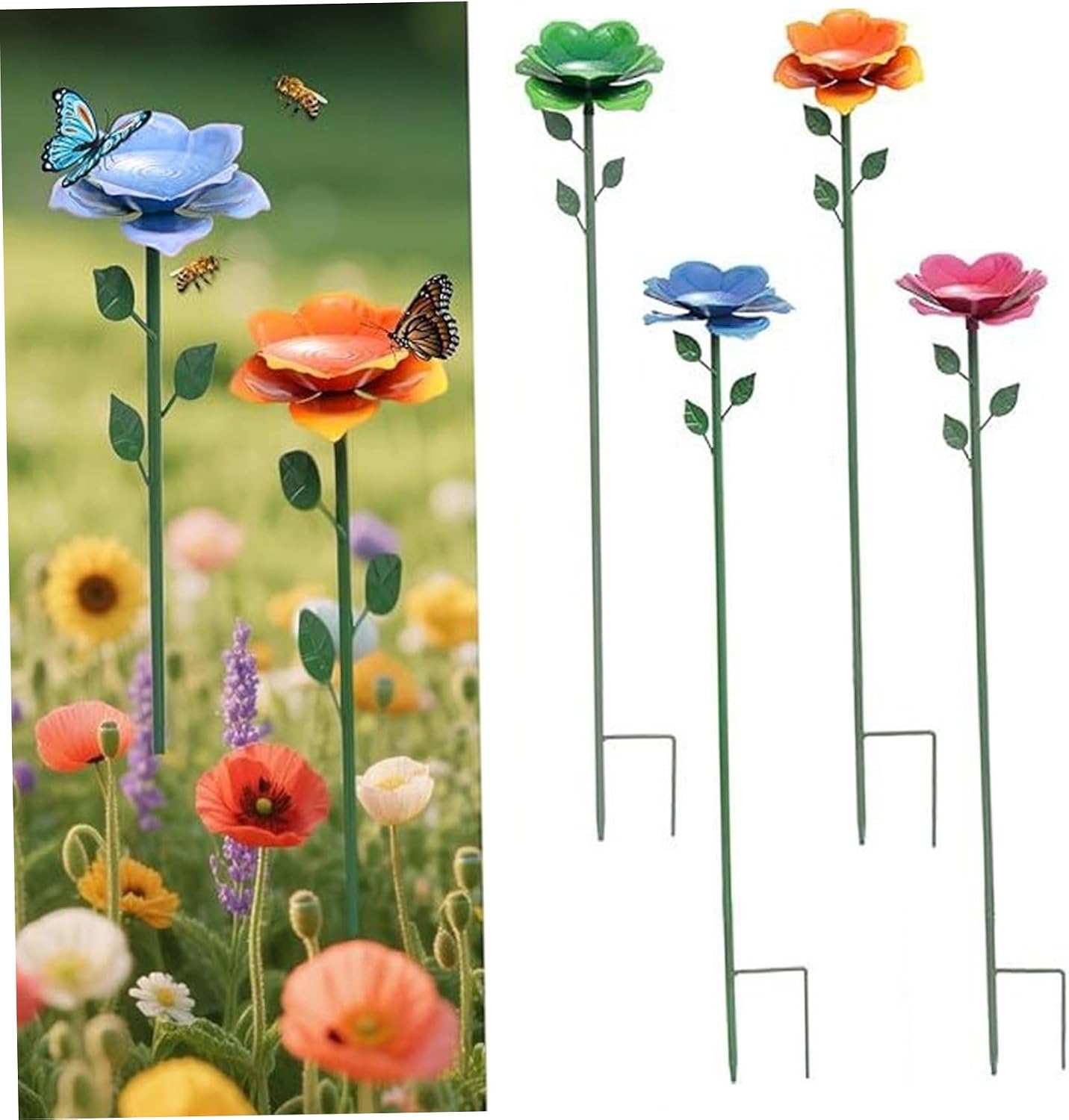 4 Pack Bee Watering Station Colorful Flower Design Metal Butterfly Feeder Cups with Stakes Garden Yard Decor for Attracting Pollinators