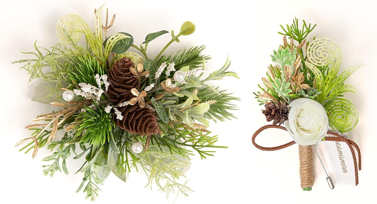 TINGE TIME Corsage and Boutonniere Set, Prom Flower Wrist Corsage Wristlet, Boutonniere for Men Wedding Flowers Accessories Prom Suit Decorations (White Ivory Greenery)