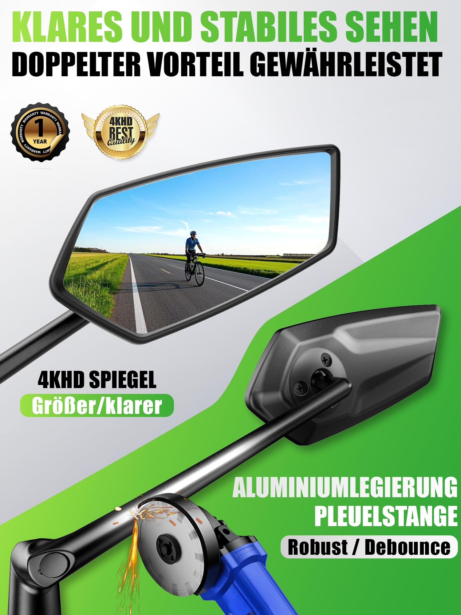 RBRL Fahrradspiegel | 3D Verstellbar für Panorama Sicht | 360° Dreh- & Einklappbar | Bruchfestes Echtglas Rückspiegel | Langlebig Kompakt Lenker Spiegel für Fahrrad, Ebike (Links)