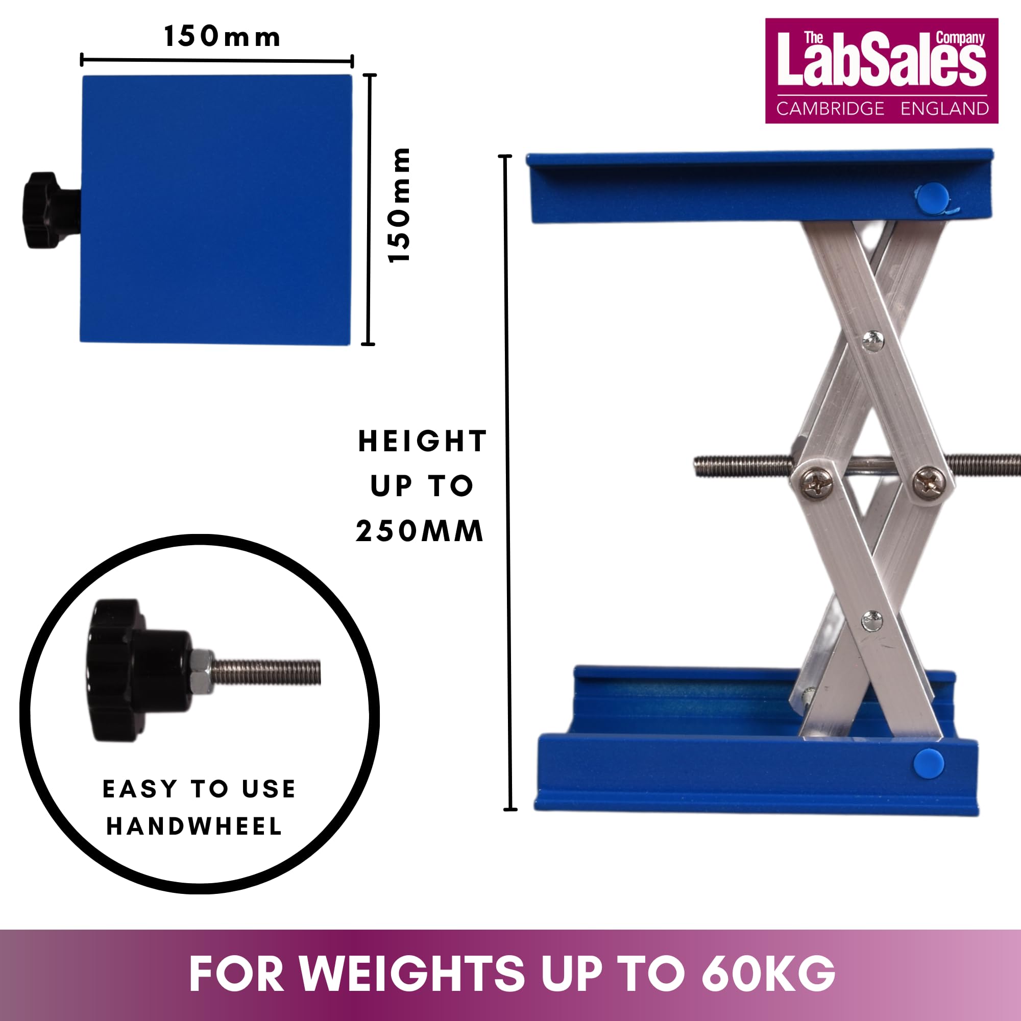 Labsales - Supporto per cric da laboratorio, in acciaio inox, per strumenti da laboratorio e bottiglie di reagenti, basso profilo, altezza regolabile, capacità fino a 60 kg, diverse dimensioni (150 mm