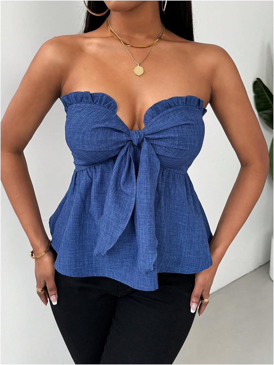 Milumia Women's Tie Front Frill Trim Strapless Tube Top Ruffle Hem Summer Bandeau Tops - Image 3