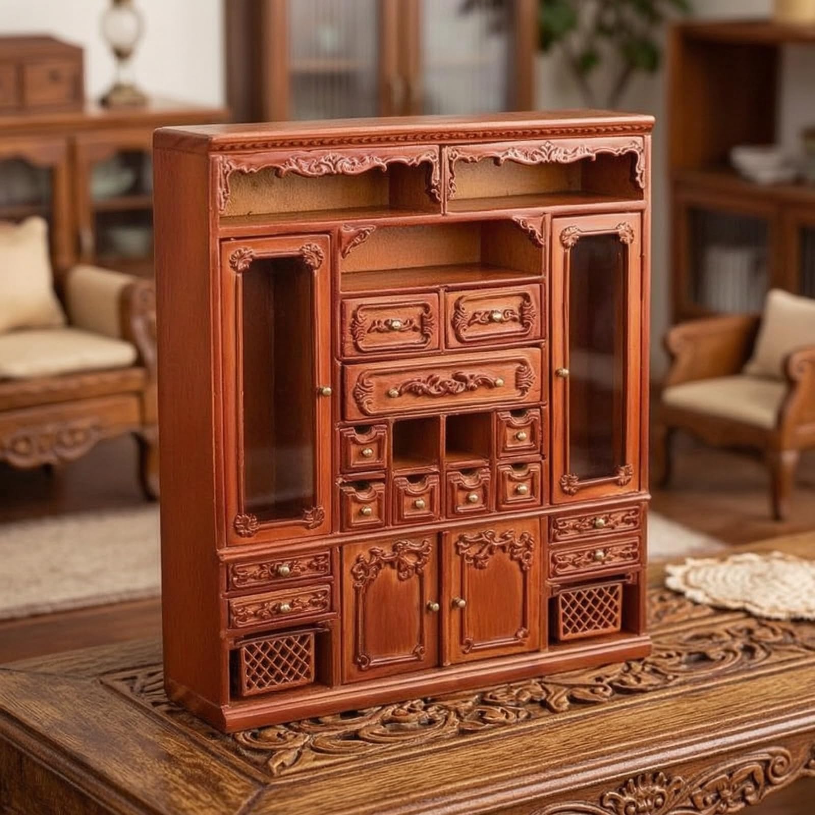Colcolo Miniarmario Vitrina Miniatura Armario Expositor Vitrina Muñecas Miniatura Mueble Miniatura de Madera para Escenas a Escala con Cajones Operables