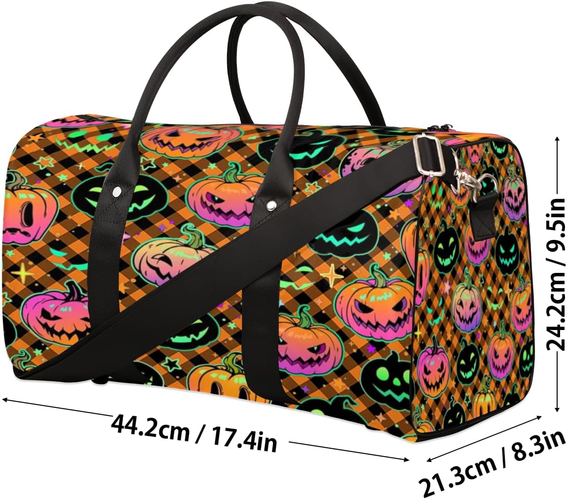 Plaid Pumpkin Halloween Travel Duffel Bag for Women Men Large Capacity Overnight Weekender Bags for Lightweight Waterproof Sport Gym Bag for Workout Yoga Swim