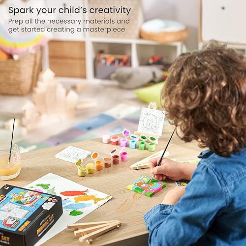 Miniatura 5 de Arteza Kids Kit de pintura natural, 4 lienzos, 3 x 3 pulgadas, 4 caballetes, 12 pinturas acrílicas, 2 pinceles de pintura, 1 paleta, actividades