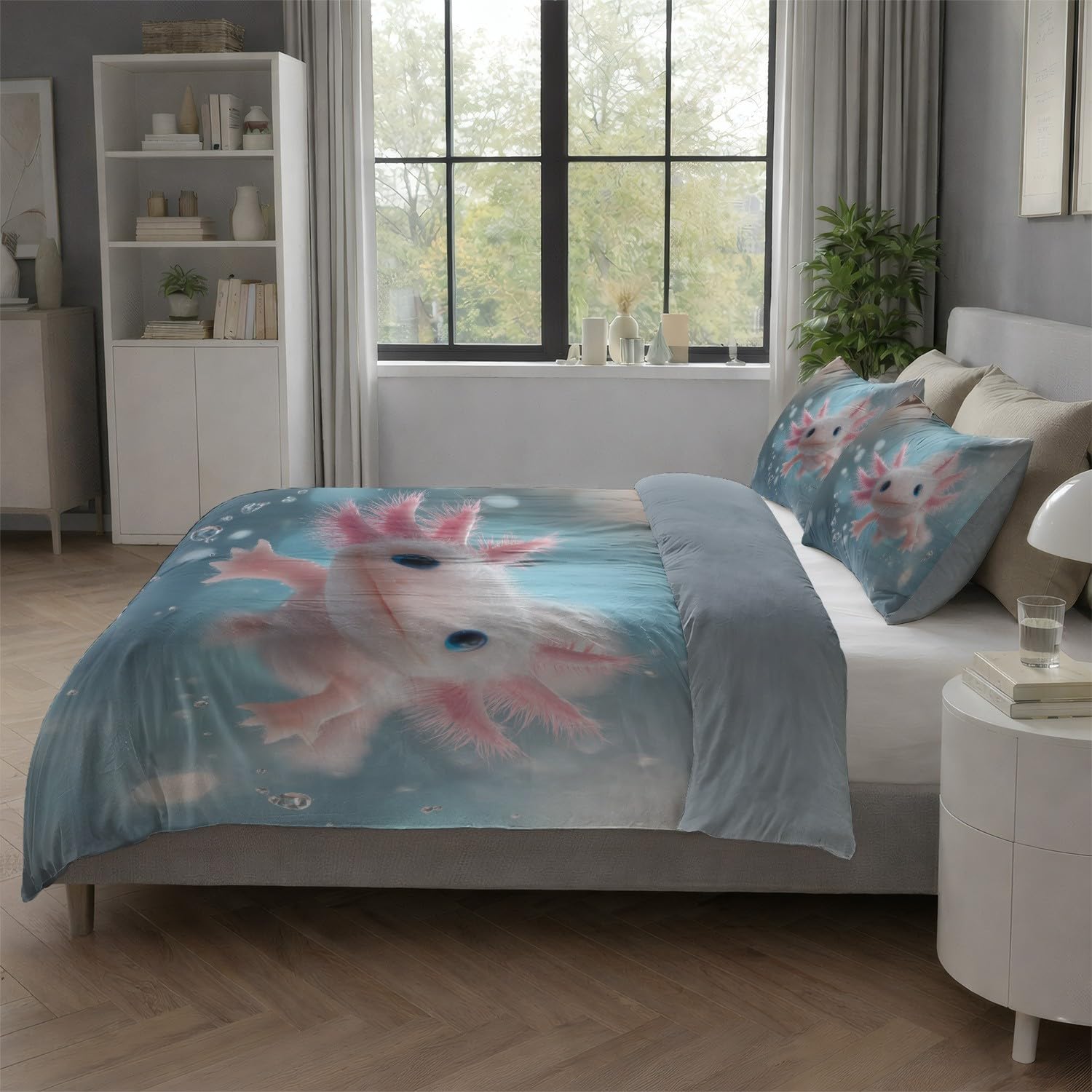 Funda Nórdica Cama 90 Funda de Edredón Azul de Microfibra Juego de Cama para Adulto Dibujos Animados Animales Salamandra Reversible Ropa de Cama con Cremallera y Fundas de Almohada 50x75 CM