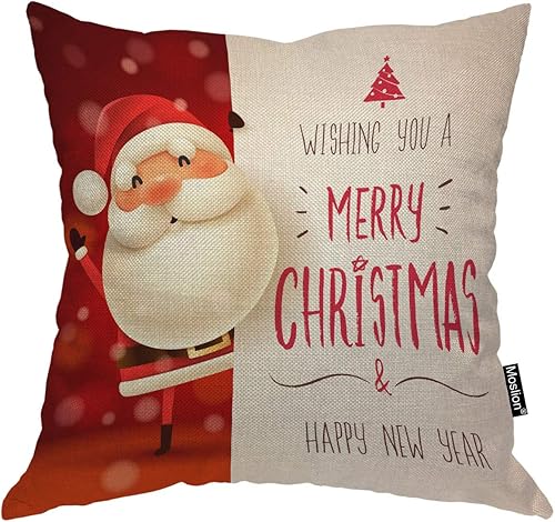 Moslion Funda de almohada con cita de Papá Noel, Feliz Navidad, Feliz Año Nuevo, funda de almohada de 18 x 18 pulgadas, funda de almohada cuadrada