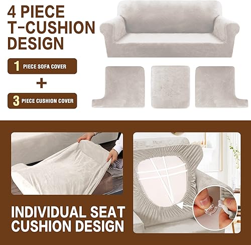 Miniatura 5 de Juego de 4 fundas de terciopelo para sofá con cojín en forma de T, funda elástica para sofás de 3 plazas, incluye 3 fundas de cojín en T, protector