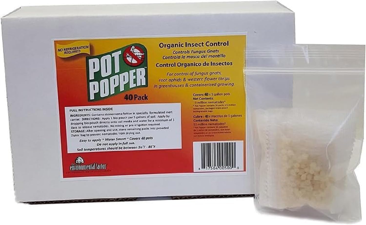 The Environmental Factor Pot Popper Organic Insect Control. Biological Pest Control with Slow-Release Nematodes for Fungus Gnats, Root Aphids & Western Flower Thrips in Containers - 40 Pouches