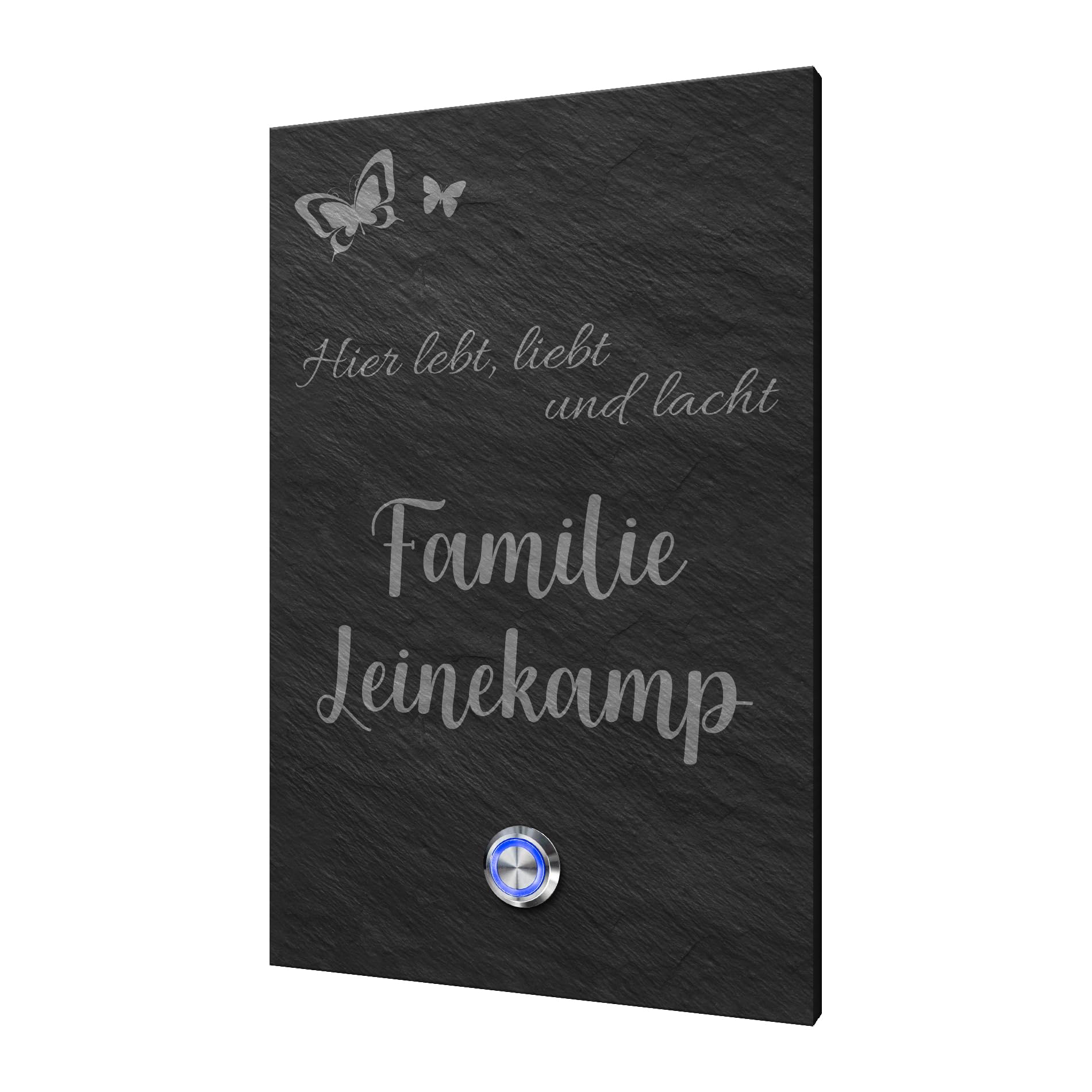 Personalisierte Schiefer Türklingel mit Wunschtext und Motiven - Klingel Modell Leinekamp 14x22 cm | Große Klingelschilder aus Naturstein Schiefer - Mit Premium Klingelknopf