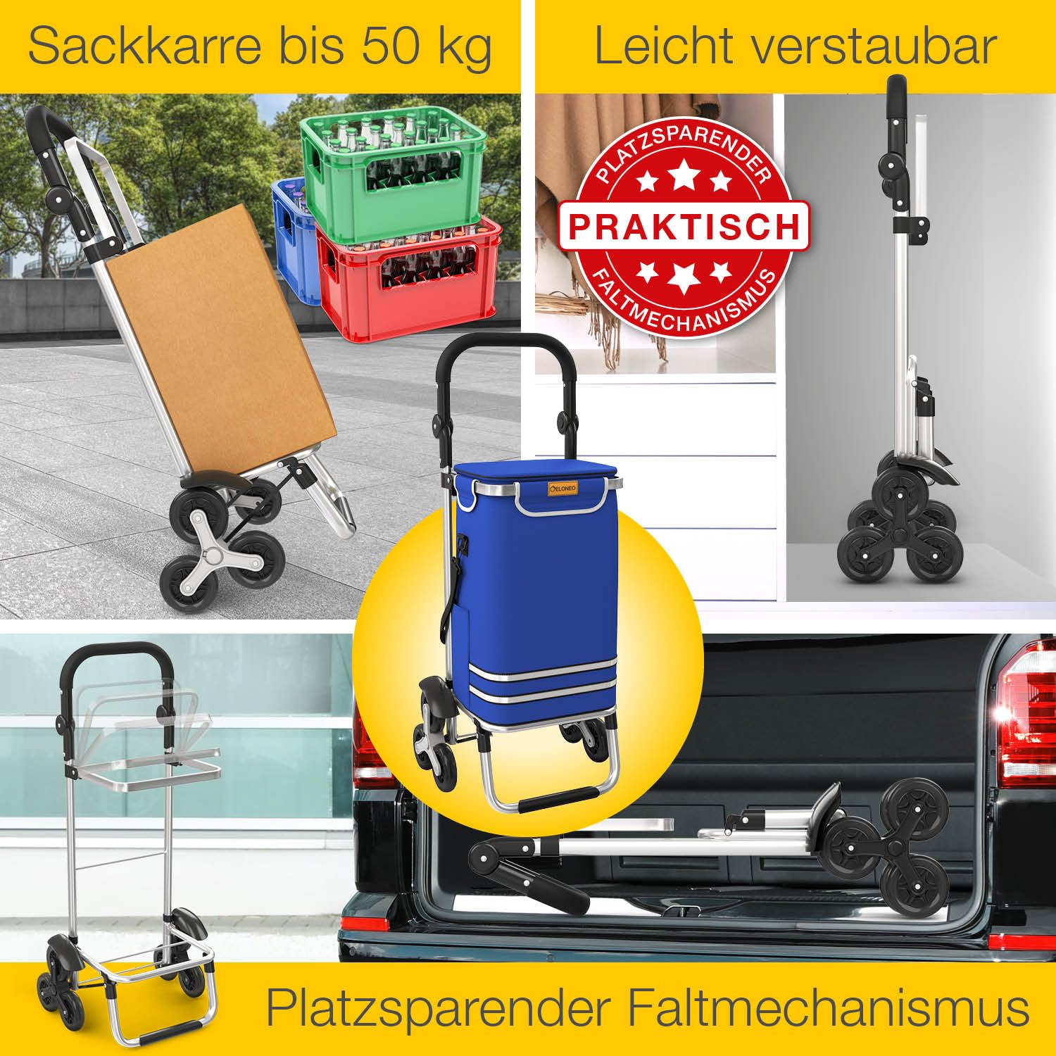 ELONEO Einkaufstrolley Treppensteiger mit Kühlfach, Einkaufsroller klappbar, Shopping Trolley höhenverstellbar, Reflektoren, abnehmbare Tasche 56 L, Hackenporsche (Treppensteiger-Trolley, Blau)