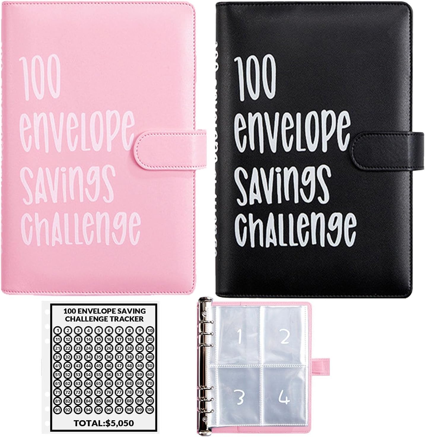 100 Envelope Challenge Binder, Easy and Fun Way for 100 Envelopes Money Saving Challenge Budget Binder with Cash Envelopes for Budgeting (2 pcs (Black