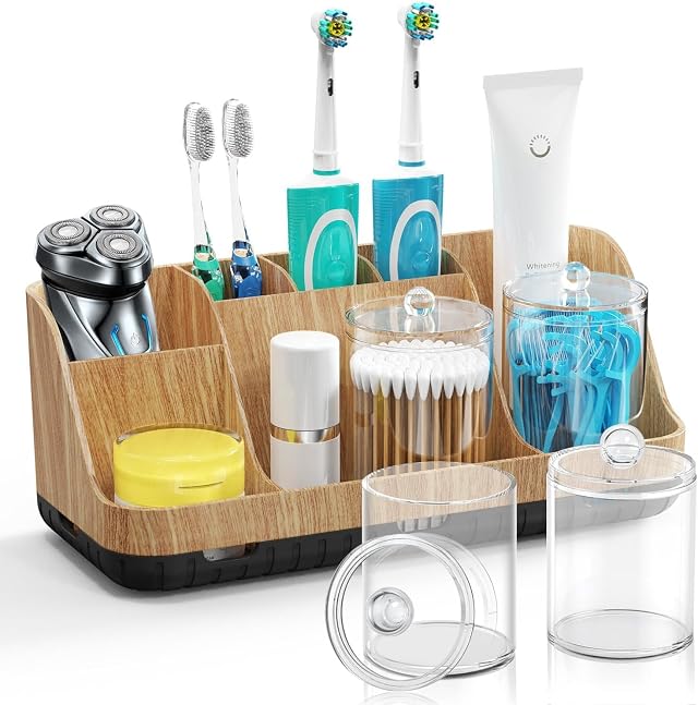 Bathroom Toothbrush Holder Soap Dispenser Set with 2 Pack Qtip Holder Dispenser - Bathroom Accessory Sets with Drainage