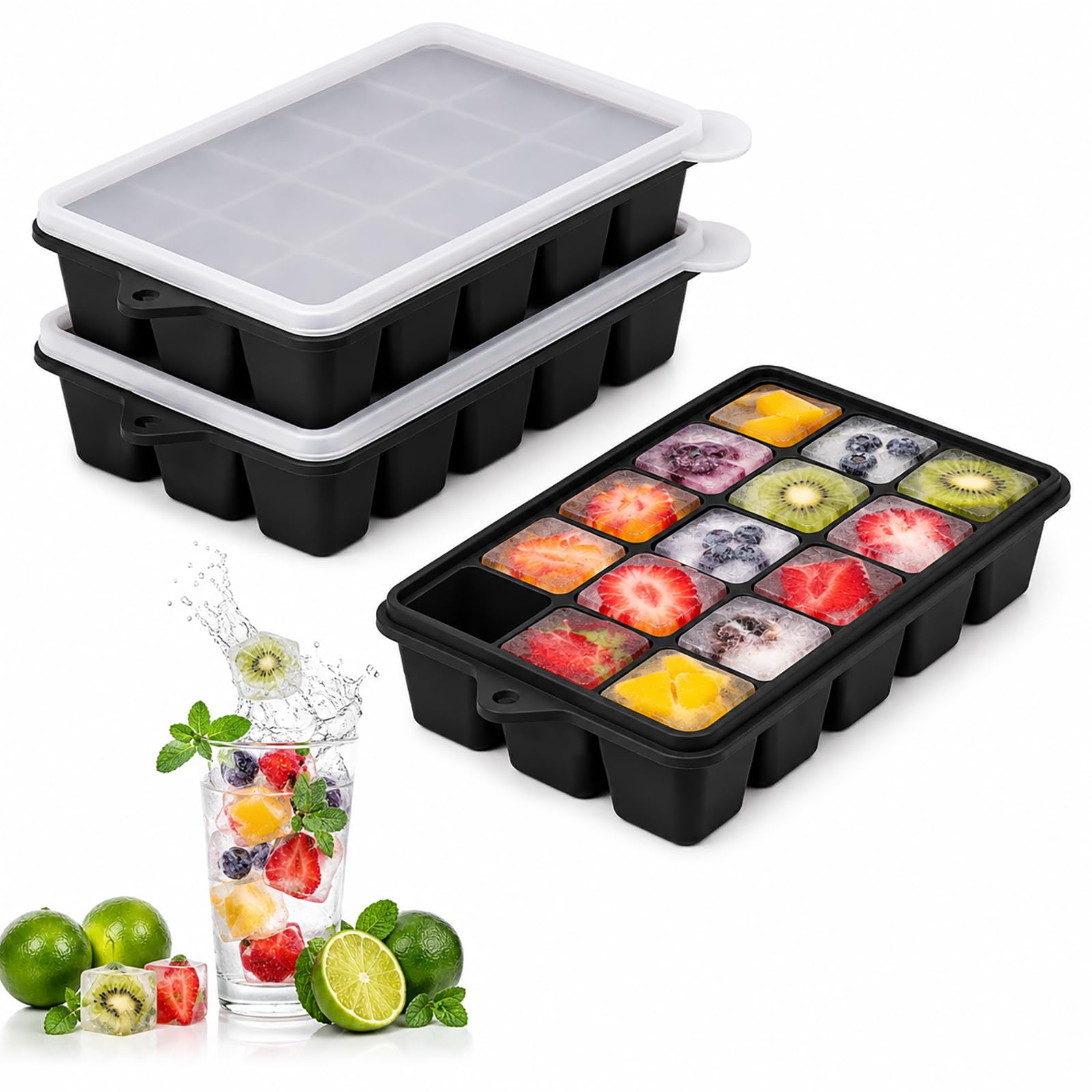 XMAO Silicone Ice Cube Trays with Lid, 3 Pack, 15 Large Cubes per Tray