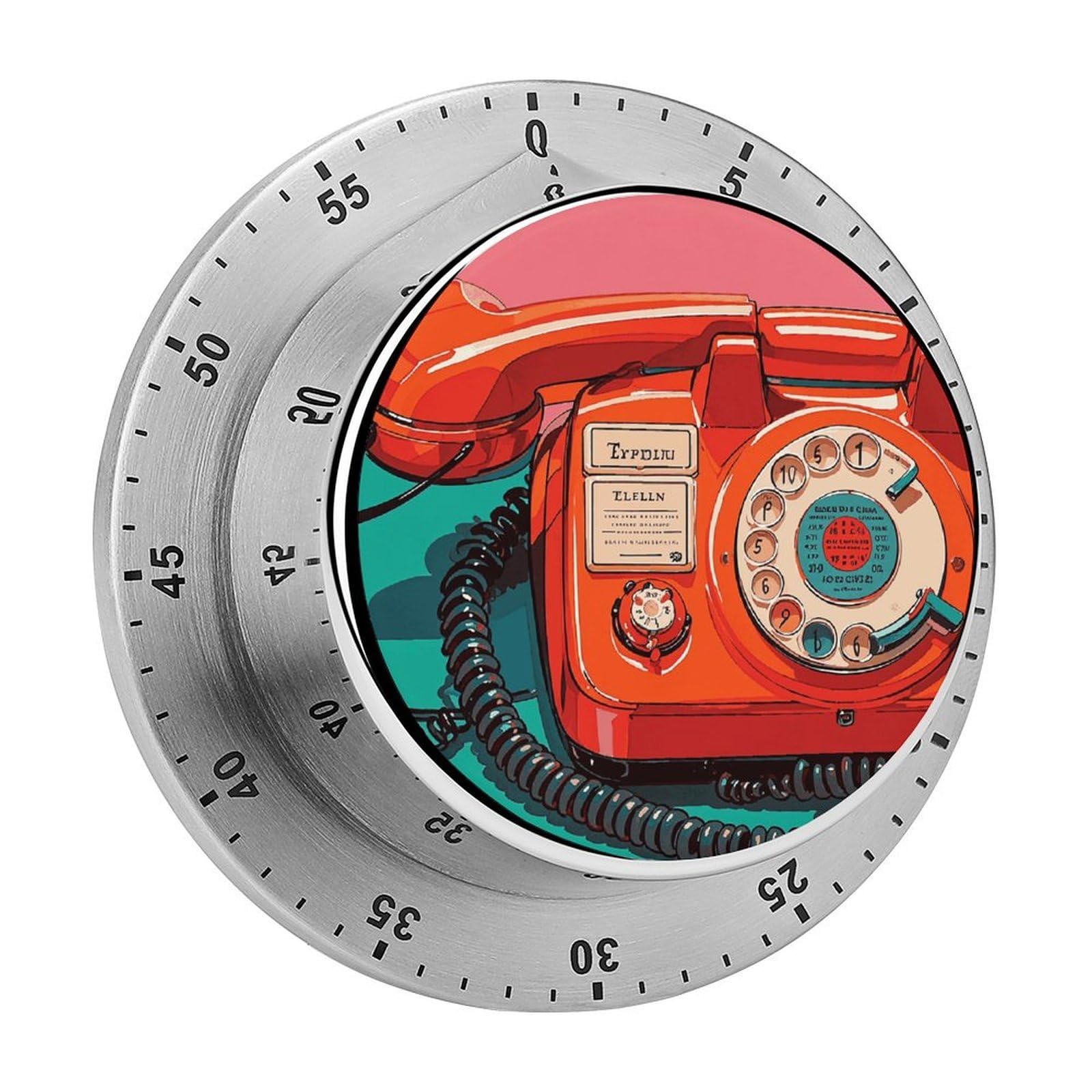 Mechanical Kitchen Timer with Magnetic Back, Stainless Steel Manual England UK Retro London Telephones Printed Timer for Cooking and Time Management