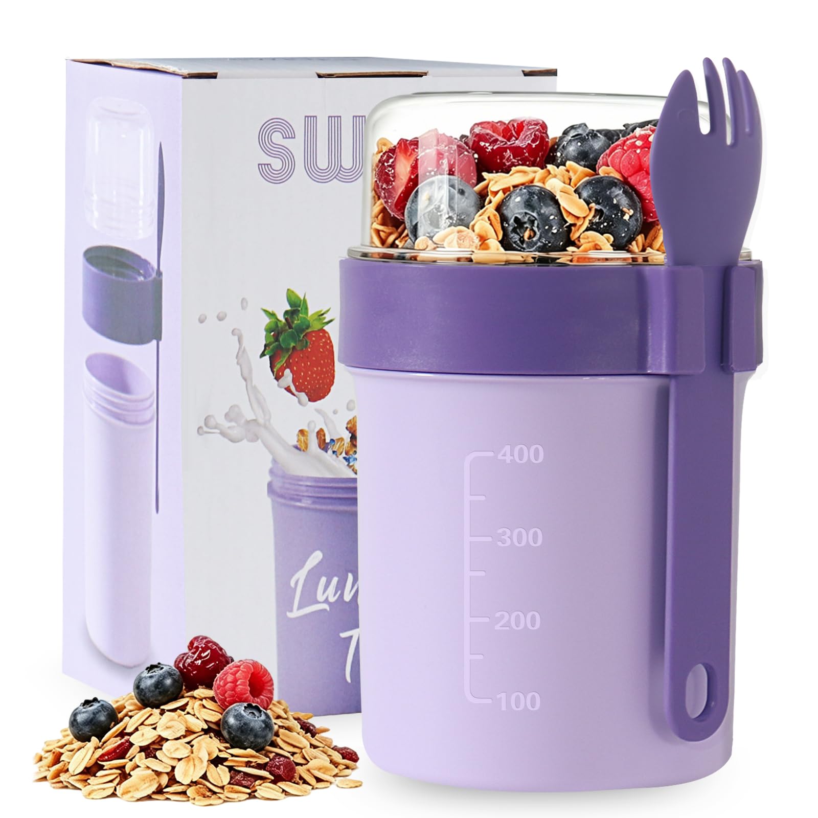Swkien Müslibecher to go mit Löffel - Auslaufsicherer Joghurtbecher to go mit Unterteilung (560ml + 220ml) - Spülmaschinengeeignet & BPA-Frei - für Büro, Fitness, Schule, Reise