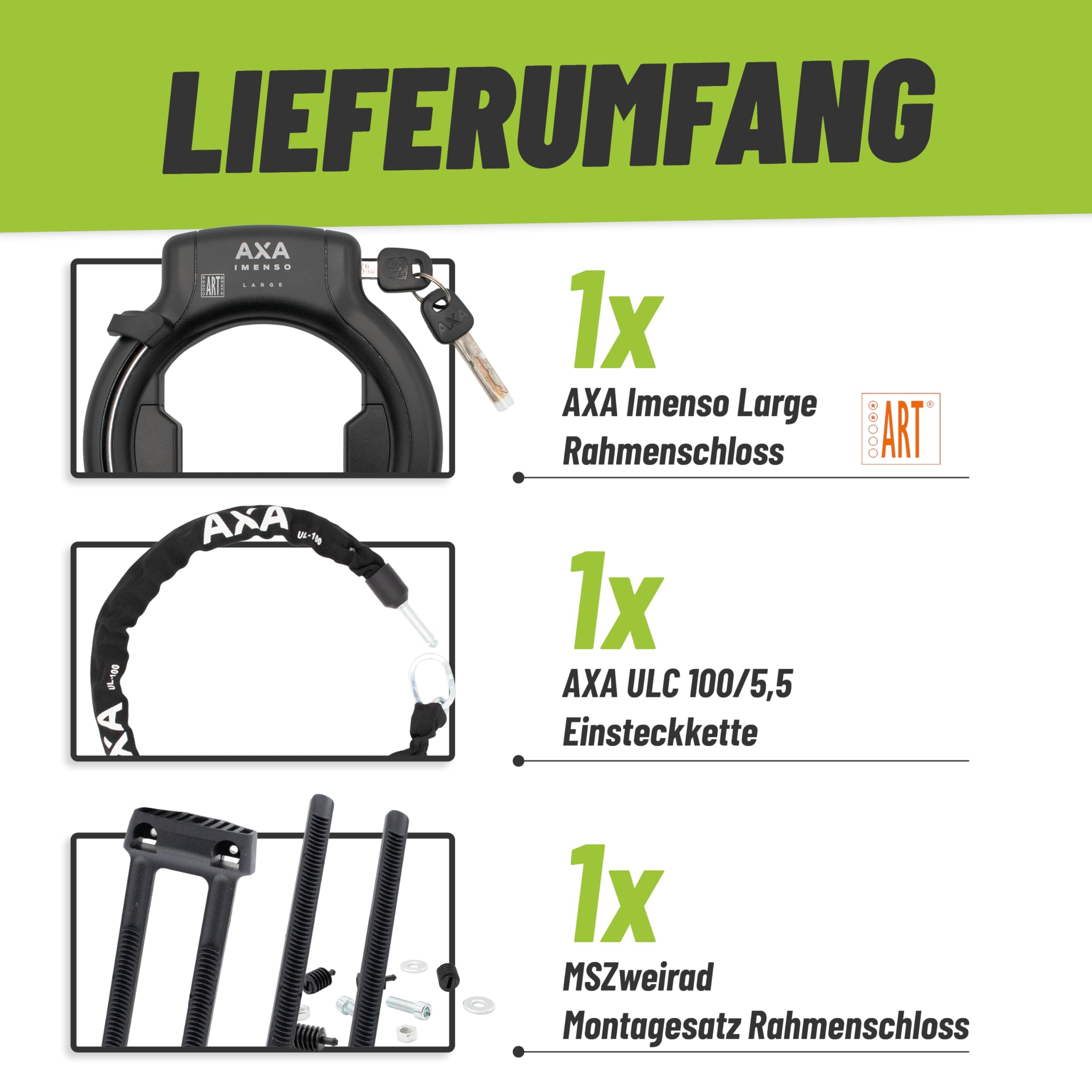 Axa Rahmenschloss Imenso Large 75mm abziehbar/nicht abziebar + Kette wählbar + MSZweirad Befestigungsmaterial (Schloss (Schlüssel nicht abziehbar), Kette ULC 100/5,5)