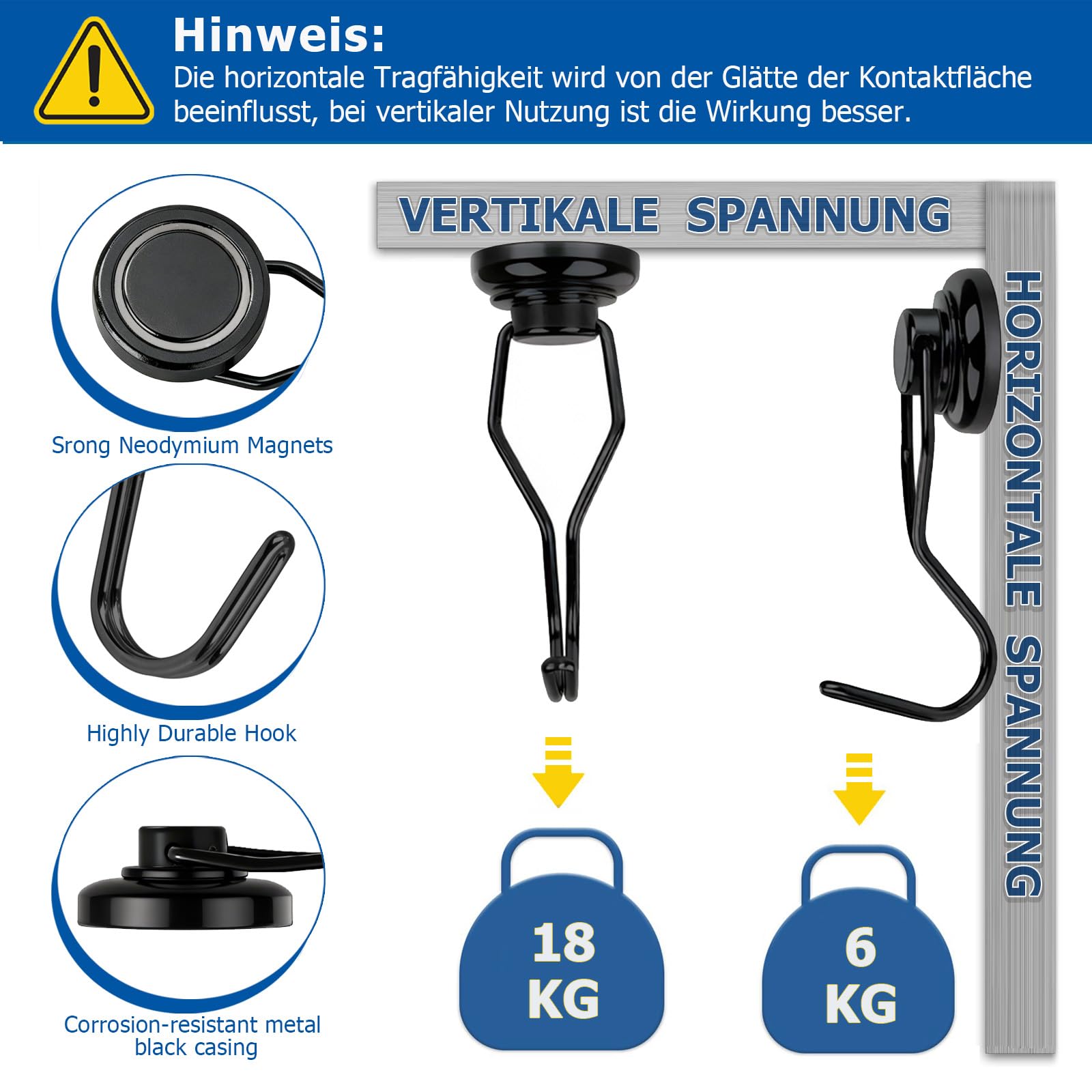 Ganci magnetici extra forti, 25 mm, 18 kg, con magneti al neodimio, per officina, garage e campeggio, ganci neri girevoli e inossidabili, 9 pezzi